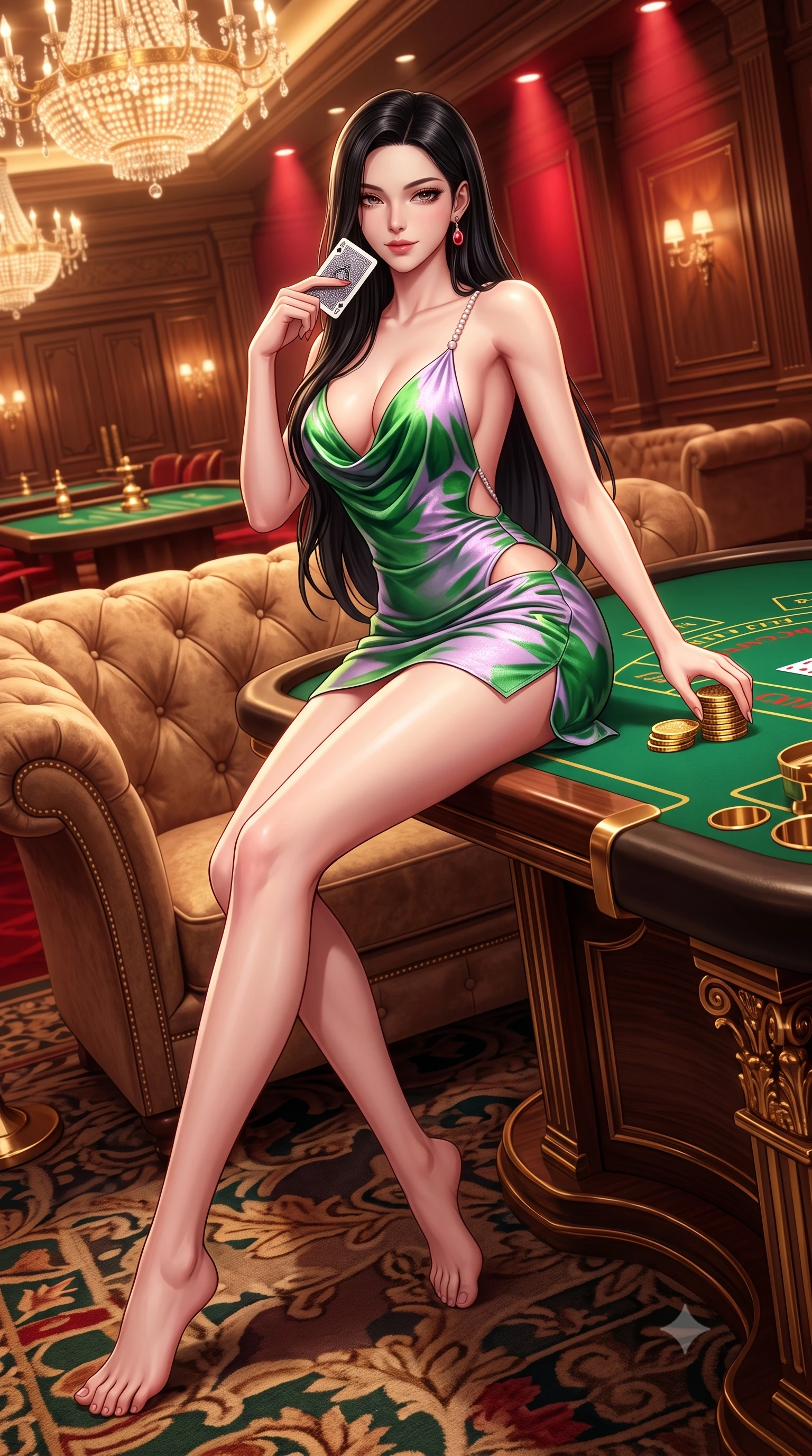 score_9, masterpiece, best quality, ultra-detailed, high-budget anime keyframe, semi-realistic 3D game render, editorial fashion photography, tasteful artistic composition, Korean woman. low angle full-body shot from head to toe showing her feet, filling the entire 9:16 vertical frame with her statuesque presence, stretching her vertical silhouette. reclining gracefully across the plush chaise lounge with one leg extended, her sculpted silhouette and flat midriff radiating magnetic nocturnal glamour while sitting at the green baize baccarat table with hips angled back, slowly squeezing a high-value playing card with smoldering bedroom-eyes. The surrounding environment is rendered in vivid detail and crisp panoramic clarity: detailed strappy velvet bustier texture, ruby earring gleam, and imperial casino interior craftsmanship in razor-sharp precision. She has an absolutely perfect, statuesque 8.5-heads proportion, an exceptionally tall and slender model-like female figure with impossibly long slender legs, an ultra-slim waist, a flat toned midriff, narrow delicate ribcage, and beautifully sculpted feminine hips creating a graceful, slim hourglass silhouette without any bulky heaviness. sharp v-shaped jawline, high-bridge nose, sparkling eyes with hypnotic seductive depth, thick curled eyelashes, glossy parted lips with a natural dewy peach sheen, alluring bedroom-eyes with an enchanting coquettish smile, exuding magnetic siren charisma and sophisticated glamour, flawlessly proportioned anatomical accuracy, strict slender model proportions, natural body alignment, perfectly sculpted long slender limbs, ultra-slim waistline, clean dynamic posture without body distortion. wearing a low-cut draped cowl-back satin slip mini dress with dainty pearl spaghetti straps and hip-hugging cut in vibrant jungle monstera green and dewy orchid lavender, woven from stretch metallic lurex jersey casting radiant starlight glints across her silhouette, accented with a stack of engraved gold casino plaques held loosely in one hand, the precision-cut side openings and low-back scoop framing her graceful spine and the sensual sweep of her slim, toned hips. bathed in warm 2700K incandescent crystal chandelier radiance mixed with red accent spotlights. highly saturated vibrant anime colors, detailed shading with soft gradients, rich glossy textures, high-contrast stereoscopic depth, volumetric dynamic lighting, master piece, 9:16 ratio