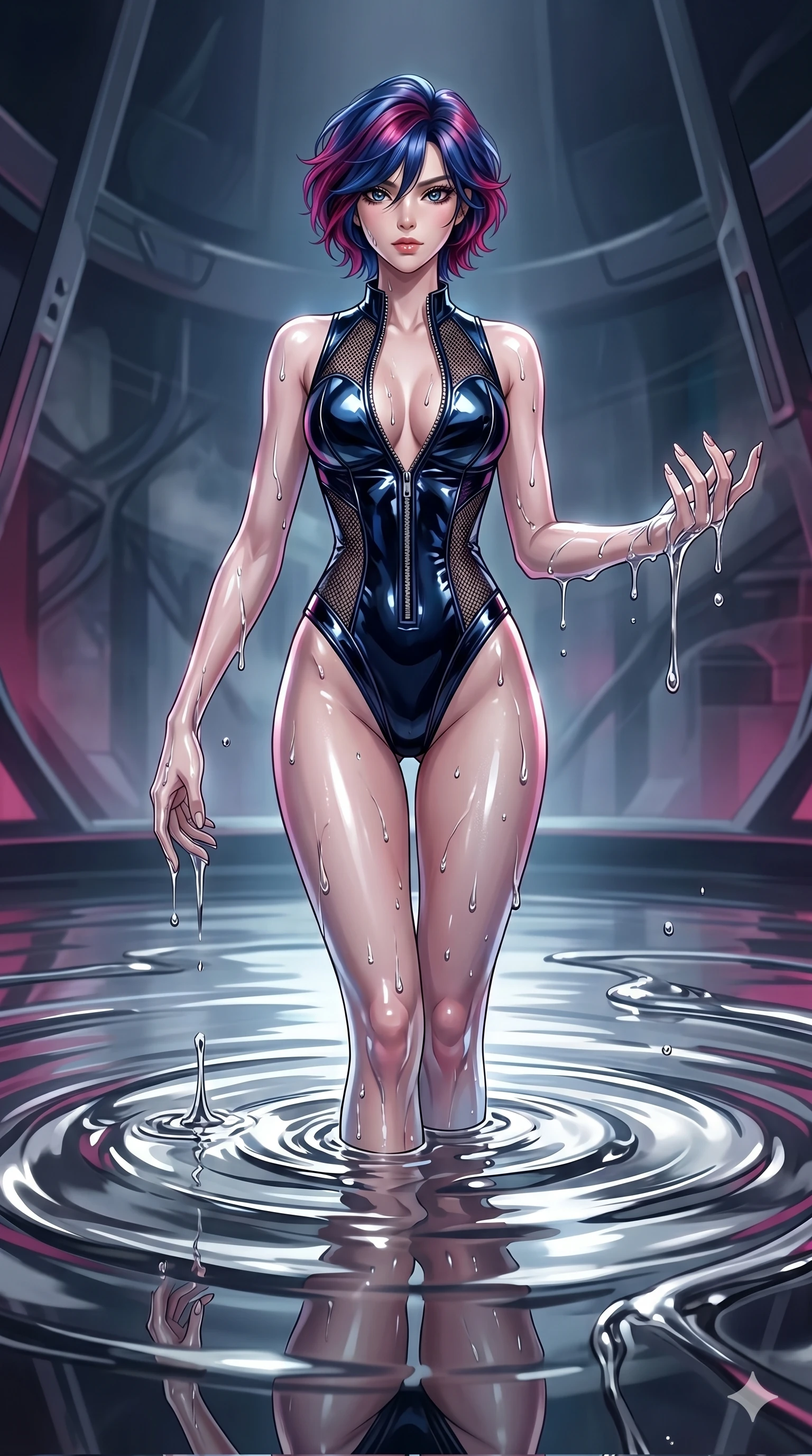 score_9, masterpiece, best quality, ultra-detailed, High-budget Anime Keyframe, East Asian woman. Dynamic full-body shot stretching the vertical silhouette to the limit. Scenario 214: Rising from a pool of mercury-like liquid, droplets rolling off her skin. Her presence is magnetic and overpowering in this high-budget anime scene. Outfit 214: A patent leather micro-mesh with a unzipped detail and wet-look texture. The clothing is designed to emphasize her exceptionally tall and slender 8-heads proportion. 8-heads proportion, towering silhouette, ultra-slim waist. sharp v-shaped jawline, intricate jewel-like eyes with depth, thick eyelashes, glossy lips. 2k, ultra detail, master piece, 9:16 ratio