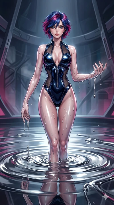 score_9, masterpiece, best quality, ultra-detailed, High-budget Anime Keyframe, East Asian woman. Dynamic full-body shot stretching the vertical silhouette to the limit. Scenario 214: Rising from a pool of mercury-like liquid, droplets rolling off he