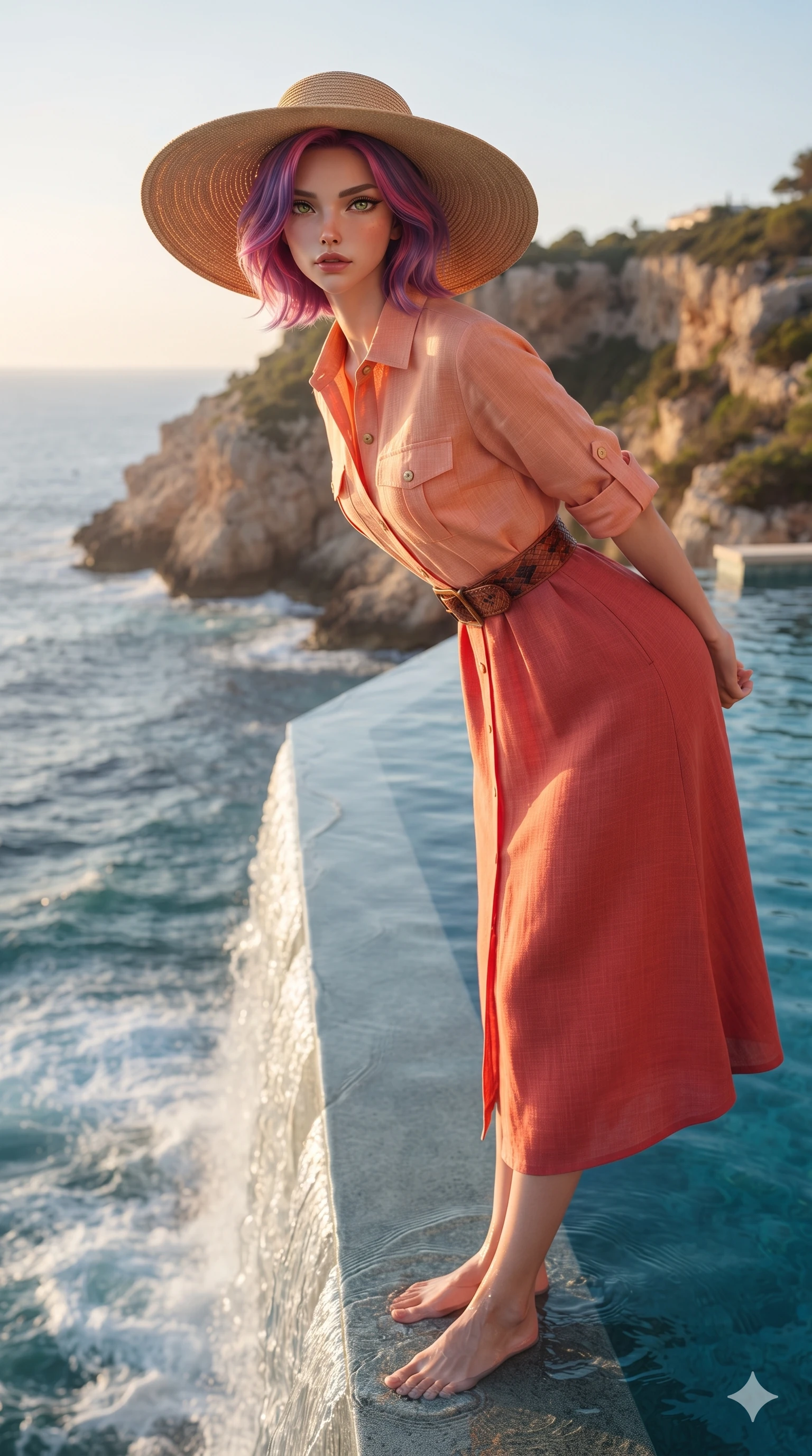 score_9, masterpiece, best quality, ultra-detailed, high-budget anime keyframe, editorial fashion photography, tasteful artistic composition, Caucasian woman. close-up cowboy shot from the waist and thighs up, the character dominates the composition, filling the frame with her large presence. leaning forward while arching her lower back to accentuate her curvy hips, looking into the camera with an intoxicating smoldering gaze and bedroom-eyes while standing poised ankle-deep on the infinity pool edge where crystal water cascades into the churning sea below, arching her spine with sovereign siren poise. The surrounding environment is rendered in vivid detail and crisp panoramic clarity: detailed wet-look neoprene surfing bodysuit tailoring, racing side stripes, and coastal cliff geology in razor-sharp precision. She has an exceptionally elegant, slender, and willowy female figure with an ultra-slim waist, flat toned midriff, narrow ribcage, and sculpted feminine hips creating an alluring, slim hourglass silhouette without bulk. sharp v-shaped jawline, high-bridge nose, sparkling eyes with hypnotic seductive depth, thick curled eyelashes, glossy parted lips with a natural dewy peach sheen, alluring bedroom-eyes with an enchanting coquettish smile, exuding magnetic siren charisma and sophisticated glamour, flawlessly proportioned anatomical accuracy, strict slender model proportions, natural body alignment, perfectly sculpted long slender limbs, ultra-slim waistline, clean dynamic posture without body distortion. wearing a refined long-sleeve linen safari shirt dress with structured tortoise belt and rolled sleeves in blazing sunset peach and deep coral crimson, woven from bespoke sun-bleached selvedge linen with rich tactile slub texture, finished with a wide-brimmed woven straw sunhat tipped back to frame her face and long glossy hair, the impeccably tailored cut draping gracefully along her slender figure with aristocratic resort poise. illuminated by pool bottom bounce and sharp copper-gold rim lights defining her razor-sharp jawline, narrow waist, and curvy hips. ultra-reflective glossy finish, specular highlights, rich textural contrasts, high-contrast stereoscopic depth, volumetric dynamic lighting, 2k, ultra detail, master piece, 9:16 ratio