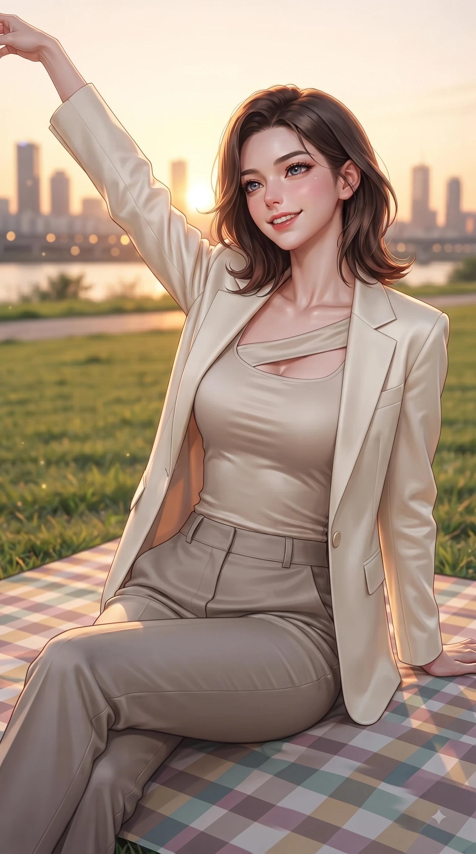score_9, masterpiece, best quality, ultra-detailed, high-budget anime keyframe, editorial fashion photography, tasteful artistic composition, Korean woman. close-up cowboy shot from the waist and thighs up, the character dominates the composition, filling the frame with her large presence, background elements kept in soft focus. Extending one arm in an elegant stretch toward the light while smiling with vibrant, youthful self-assurance while sitting playfully on a checkered picnic mat on a green riverfront park lawn at sunset, city skyline silhouettes twinkling softly in the warm sunset glow. She has an exceptionally elegant, slender, and willowy female figure with an ultra-slim waist, a gracefully sculpted slender torso, and a refined silhouette. sharp v-shaped jawline, high-bridge nose, intricate jewel-like eyes with depth, thick eyelashes, glossy lips with a natural sheen, flawlessly proportioned anatomical accuracy, natural body alignment, perfectly sculpted elegant limbs, clean dynamic posture without body distortion. wearing a tailored cream silk blazer over a form-contouring scoop-neck top and slacks in muted taupe and soft ivory, crafted from lustrous satin jersey with fluid draping, accented with a Tasteful chest slit framing her clavicle gracefully, the sleek second-skin texture accentuating her magnetic presence. surrounded by a serene, uplifting, and romantic riverside park ambiance. ultra-reflective glossy finish, specular highlights, metallic sheen, high-contrast stereoscopic depth, volumetric dynamic lighting, 2k, ultra detail, master piece, 9:16 ratio