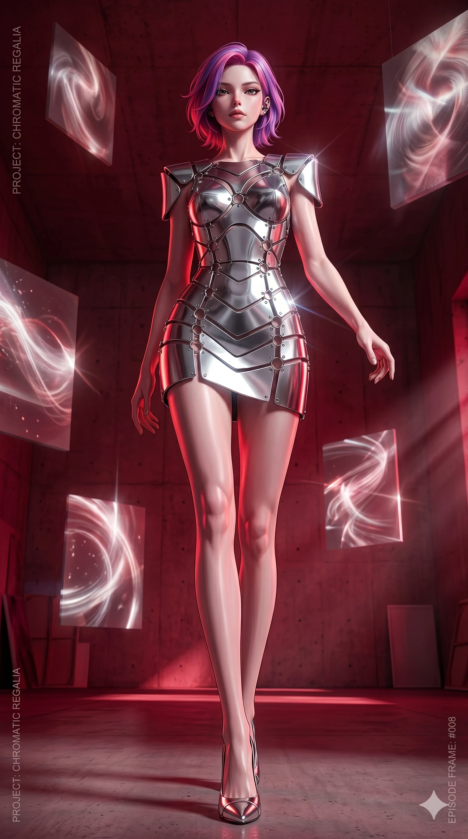score_9, masterpiece, best quality, ultra-detailed, high-budget anime keyframe, editorial fashion photography, tasteful artistic composition, Caucasian woman, strictly human ears. low angle full-body shot from head to toe showing her feet, filling the entire 9:16 vertical frame with her statuesque presence, stretching her vertical silhouette. Descending like royalty with one hand trailing behind her inside an artist's studio filled with floating canvases showing moving abstract light painting. She has an absolutely perfect 8-heads proportion, an exceptionally tall and slender female figure with impossibly long slender legs and an ultra-slim waist. V-shaped jawline, high-bridge nose, intricate jewel-like eyes with depth, thick eyelashes, glossy lips with a natural sheen. wearing a mini dress made of interconnected silver-chrome plates and small metal rings, forming a structured geometric silhouette. drenched in deep crimson theatrical lighting with sharp specular highlights on every curve. 2k, ultra detail, master piece, 9:16 ratio