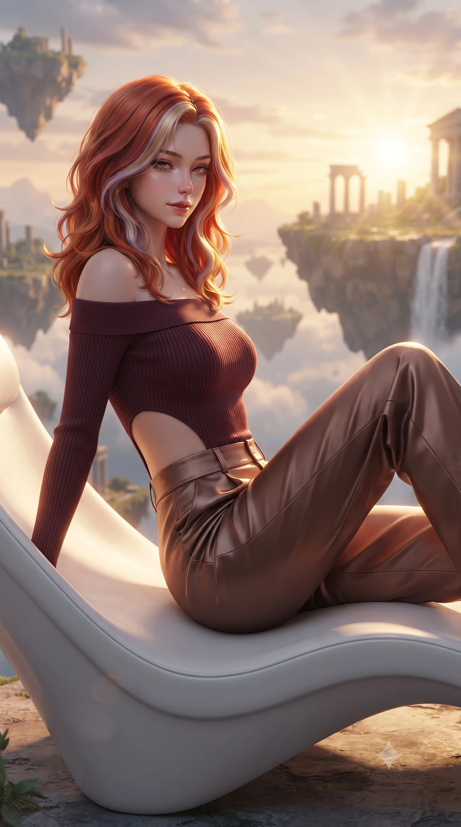 score_9, masterpiece, best quality, ultra-detailed, high-budget anime keyframe, editorial fashion photography, tasteful artistic composition, Caucasian woman. close-up cowboy shot from the waist and thighs up, the character dominates the composition, filling the frame with her large presence, background elements kept in soft focus. Glancing sidelong over her shoulder with a smoldering half-smile and heavy lashes resting on a luxurious white lounge chair overlooking a floating sky island, golden hour sunbursts creating a majestic rim lighting effect. She has an exceptionally elegant, slender, and willowy female figure with an ultra-slim waist, a gracefully sculpted slender torso, and a refined silhouette. sharp v-shaped jawline, high-bridge nose, intricate jewel-like eyes with depth, thick eyelashes, glossy lips with a natural sheen. wearing a sleek off-shoulder ribbed knit top paired with high-waist tailored pants in deep burgundy and bronze, crafted from lustrous satin jersey with fluid draping, featuring clean architectural cutouts along her slender torso, the elegant draped fit framing her graceful clavicle and slender torso. illuminated by soft glowing sunset radiance with dramatic golden rim highlights. ultra-reflective glossy finish, specular highlights, metallic sheen, high-contrast stereoscopic depth, volumetric dynamic lighting, 2k, ultra detail, master piece, 9:16 ratio