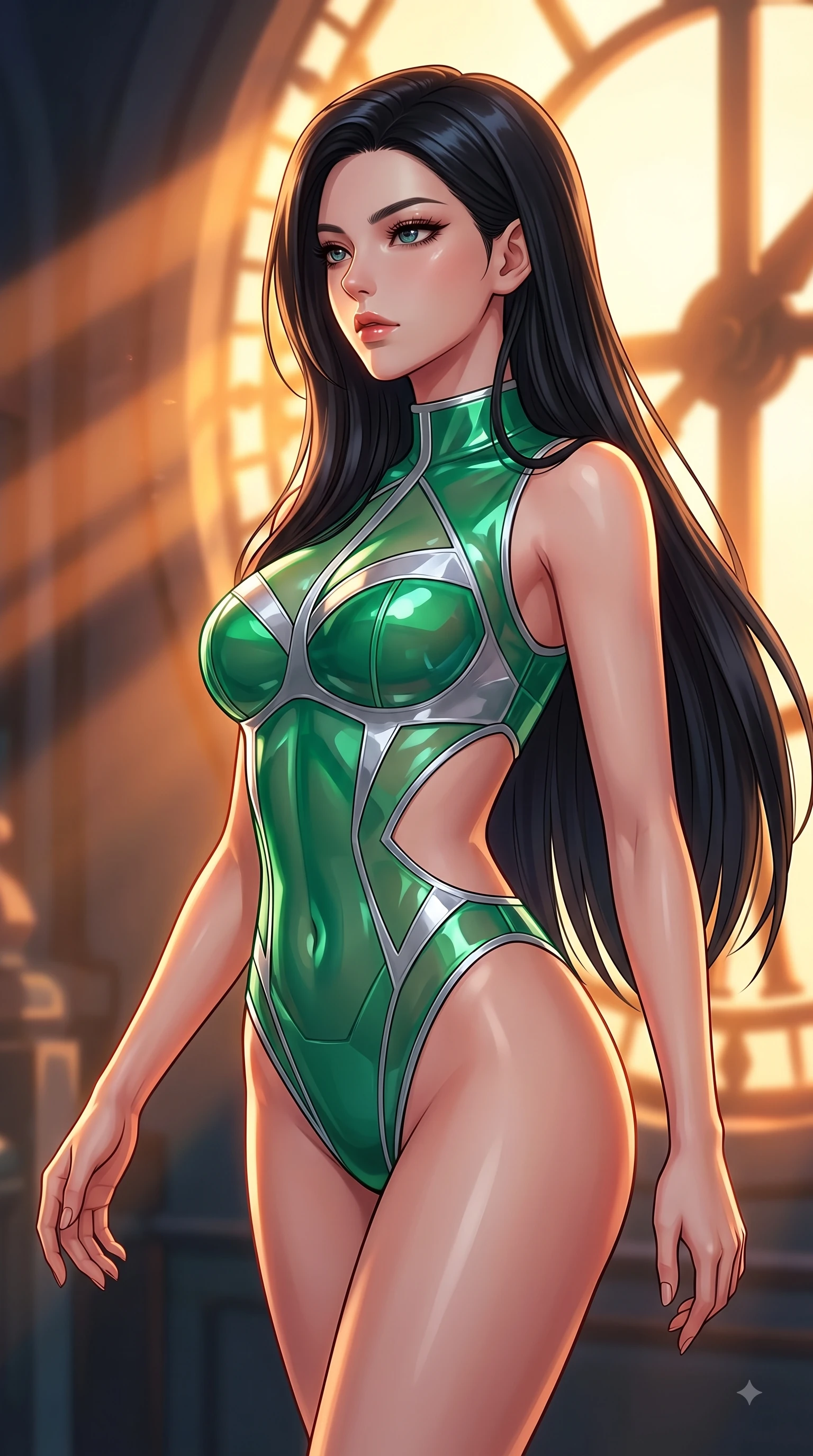 score_9, masterpiece, best quality, ultra-detailed, high-budget anime keyframe, editorial fashion photography, tasteful artistic composition, Korean woman. close-up cowboy shot from the waist and thighs up, the character dominates the composition, filling the frame with her large presence, background elements kept in soft focus. Gazing past the lens with smoldering intensity as her torso curves dynamically in mid-stride while pivoting in a dynamic profile pose as twilight amber light streams through the massive window, dramatic twilight amber light streaming through the giant clock window in bold beams. She has an exceptionally elegant, slender, and willowy female figure with an ultra-slim waist, a gracefully sculpted slender torso, and a refined silhouette. sharp v-shaped jawline, high-bridge nose, intricate jewel-like eyes with depth, thick eyelashes, glossy lips with a natural sheen, flawlessly proportioned anatomical accuracy, natural body alignment, perfectly sculpted elegant limbs, clean dynamic posture without body distortion. wearing a high-cut translucent vinyl leotard with front paneling and open back in deep emerald green and silver accent, tailored from high-gloss patent leather, featuring subtle geometric cutouts that highlight her ultra-slim midriff, the form-contouring material highlighting her ultra-slim waist and long lines. surrounded by warm hearth light and dramatic bronze rim highlights. highly saturated vibrant anime colors, detailed shading with soft gradients, rich glossy textures, high-contrast stereoscopic depth, volumetric dynamic lighting, master piece, 9:16 ratio