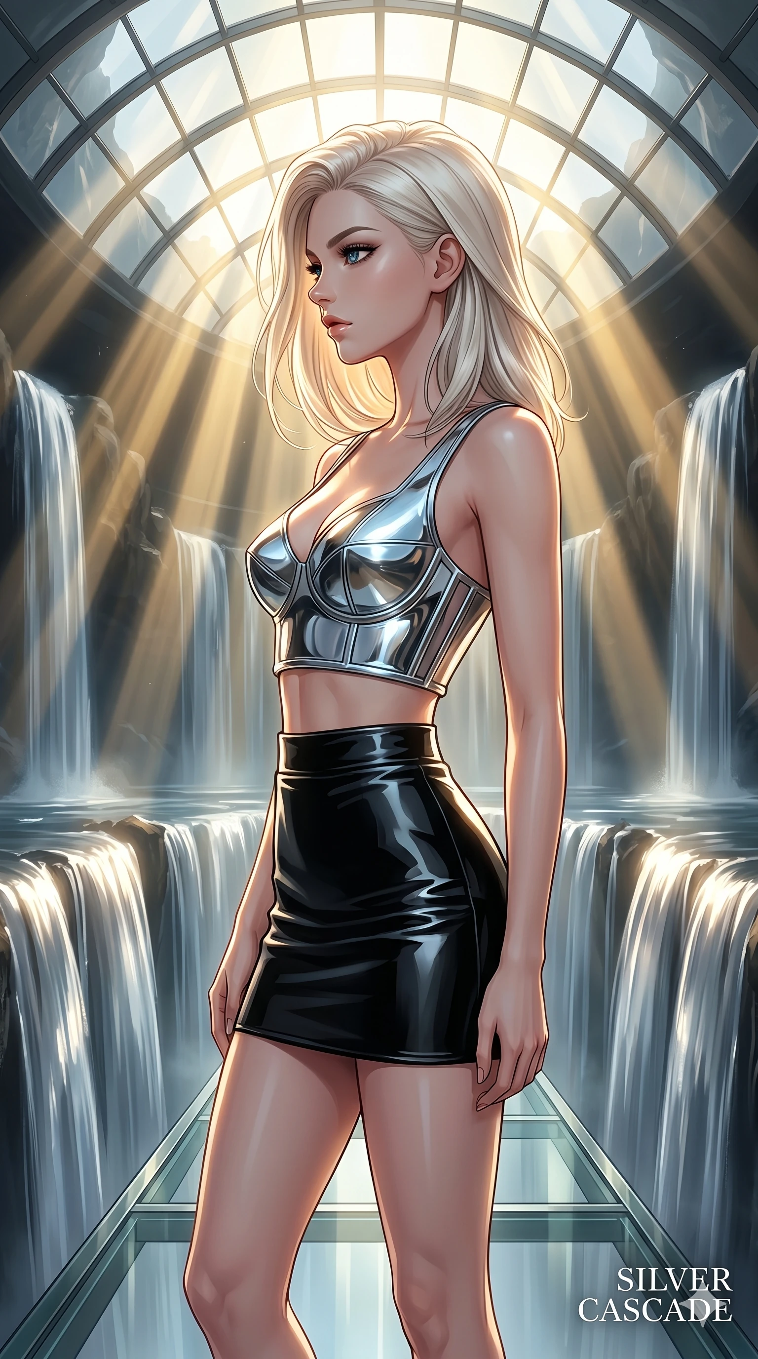 score_9, masterpiece, best quality, ultra-detailed, high-budget anime keyframe, editorial fashion photography, tasteful artistic composition, Caucasian woman, strictly human ears. cowboy shot from the thighs up, character and outfit filling the frame for maximum editorial presence. Turning her face in sharp dramatic profile against the light on a glass bridge spanning cascading liquid silver waterfalls. She has an absolutely perfect 8-heads proportion, an exceptionally tall and slender female figure with impossibly long slender legs and an ultra-slim waist. V-shaped jawline, high-bridge nose, intricate jewel-like eyes with depth, thick eyelashes, glossy lips with a natural sheen. wearing a sculptural chrome-plated structured crop top with molded geometric cups and architectural side boning, paired with a high-waist black gloss leather mini skirt to mid-thigh. drenched in cinematic god-ray sunlight descending from a vaulted glass ceiling, illuminating her form. 2k, ultra detail, master piece, 9:16 ratio