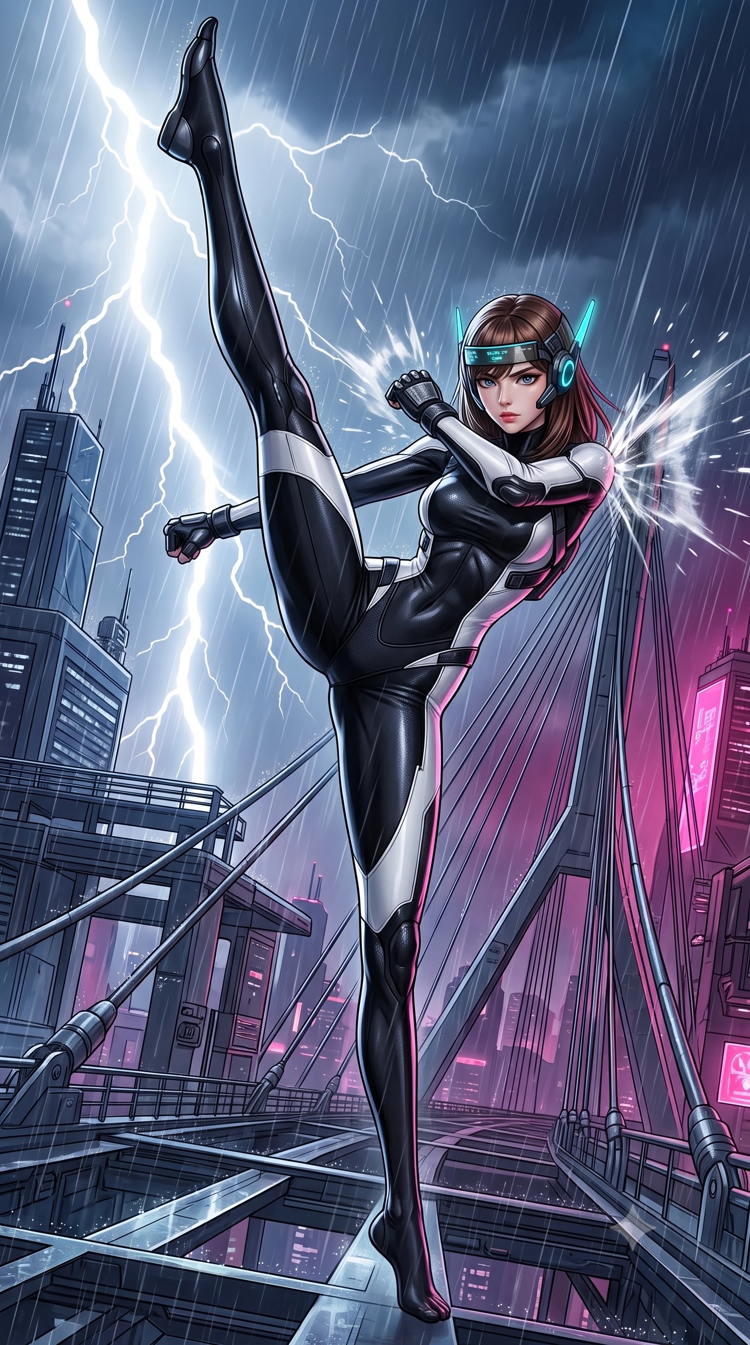 score_9, masterpiece, best quality, ultra-detailed, high-budget anime keyframe, semi-realistic 3D game render, editorial fashion photography, tasteful artistic composition, Korean woman. low angle full-body shot from head to toe showing her feet, filling the entire 9:16 vertical frame with her statuesque presence, stretching her vertical silhouette. executing a breathtaking zero-gravity high-kick with full 180-degree vertical extension, her impossibly long slender legs dominating the frame with razor-sharp poise while pivoting dynamically as gale-force winds and torrential rain whip across the bridge, parrying an incoming blast with cross-armed guard. The surrounding environment is rendered in vivid detail and crisp panoramic clarity. sharp eyes and facial expression clearly visible beneath the visor, cable joints, and lightning in high clarity. She has an absolutely perfect, statuesque 8.5-heads proportion, an exceptionally tall and slender model-like female figure with impossibly long slender legs, a toned flat midriff, and an ultra-slim waist. sharp v-shaped jawline, high-bridge nose, intricate jewel-like eyes with depth, thick eyelashes, glossy lips with a natural sheen, fierce and resolute heroine expression, flawlessly proportioned anatomical accuracy, strict slender model proportions, natural body alignment, perfectly sculpted long slender limbs, ultra-slim waistline, clean dynamic posture without body distortion. wearing a lightweight carbon-fiber tactical sensory headpiece with glowing cyan ear-antennae and an ultra-thin forehead HUD brow-band, paired with a tailored tactical combat jumpsuit with an open-back harness design, reinforced composite breastplate, and high-mobility elbow dampers in monochrome white enamel carbon with high-contrast black tactical panels, made of liquid carbon-jersey fabric accentuating every curve of her tall, slender model proportions, detailed with kinetic shock-dampening knuckle guards and polished chrome connection joints, the glove-like aerodynamic second-skin fit tightly clinging to her ultra-slender waist and athletic curves without adding bulk, accentuating her razor-sharp statuesque lines and slim hourglass silhouette. bathed in dramatic white lightning flashes and glowing magenta city neon ambient bounce. rich saturated anime colors with glowing neon highlights, detailed shading with soft gradients, rich glossy textures, high-contrast stereoscopic depth, volumetric dynamic lighting, master piece, 9:16 ratio