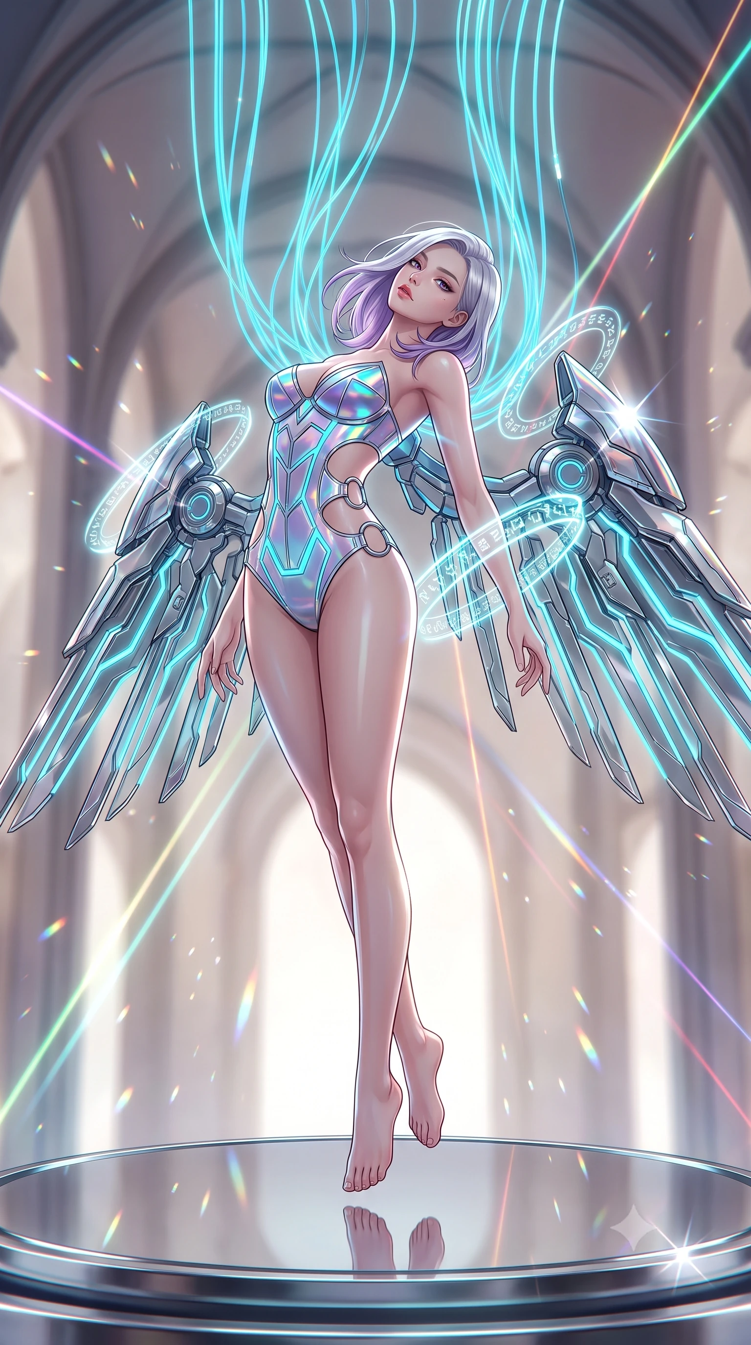score_9, masterpiece, best quality, ultra-detailed, high-budget anime keyframe, semi-realistic 3D game render, editorial fashion photography, tasteful artistic composition, Caucasian woman. low angle full-body shot from head to toe showing her feet, filling the entire 9:16 vertical frame with her statuesque presence, stretching her vertical silhouette. arching her back gracefully in mid-air as glowing mechanical wings and floating cybernetic halos frame her statuesque presence while pivoting dynamically on a mirrored chrome dais beneath soaring arches as glowing cyan fiber-optic cables cascade from the vaulted ceiling. The composition keeps background elements in soft focus with creamy bokeh. brilliant laser light beams and chrome specular glints scattering radiant motes across a soft backdrop. She has an absolutely perfect, statuesque 8.5-heads proportion, an exceptionally tall and slender model-like female figure with impossibly long slender legs, a toned flat midriff, and an ultra-slim waist. sharp v-shaped jawline, high-bridge nose, intricate jewel-like eyes with depth, thick eyelashes, glossy lips with a natural sheen, flawlessly proportioned anatomical accuracy, strict slender model proportions, natural body alignment, perfectly sculpted long slender limbs, ultra-slim waistline, clean dynamic posture without body distortion. wearing a precision-tailored holographic cyber-corset with geometric iridescent plating and an ultra-slim waist-cinching silhouette in polished mirror chrome and glowing electric cyan neon, crafted from delicate iridescent organza interwoven with luminescent micro-fibers, detailed with polished silver rings connecting the daring side-waist cutouts, the precision-cut daring openings accentuating her delicate midriff, graceful bare collarbones, and ultra-slim feminine waistline. illuminated by crisp white key light and sharp specular rim highlights tracing her slender curves. rich saturated anime colors with glowing neon highlights, detailed shading with soft gradients, rich glossy textures, high-contrast stereoscopic depth, volumetric dynamic lighting, master piece, 9:16 ratio