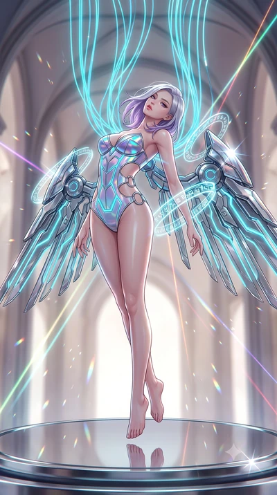 score_9, masterpiece, best quality, ultra-detailed, high-budget anime keyframe, semi-realistic 3D game render, editorial fashion photography, tasteful artistic composition, Caucasian woman. low angle full-body shot from head to toe showing her feet, 