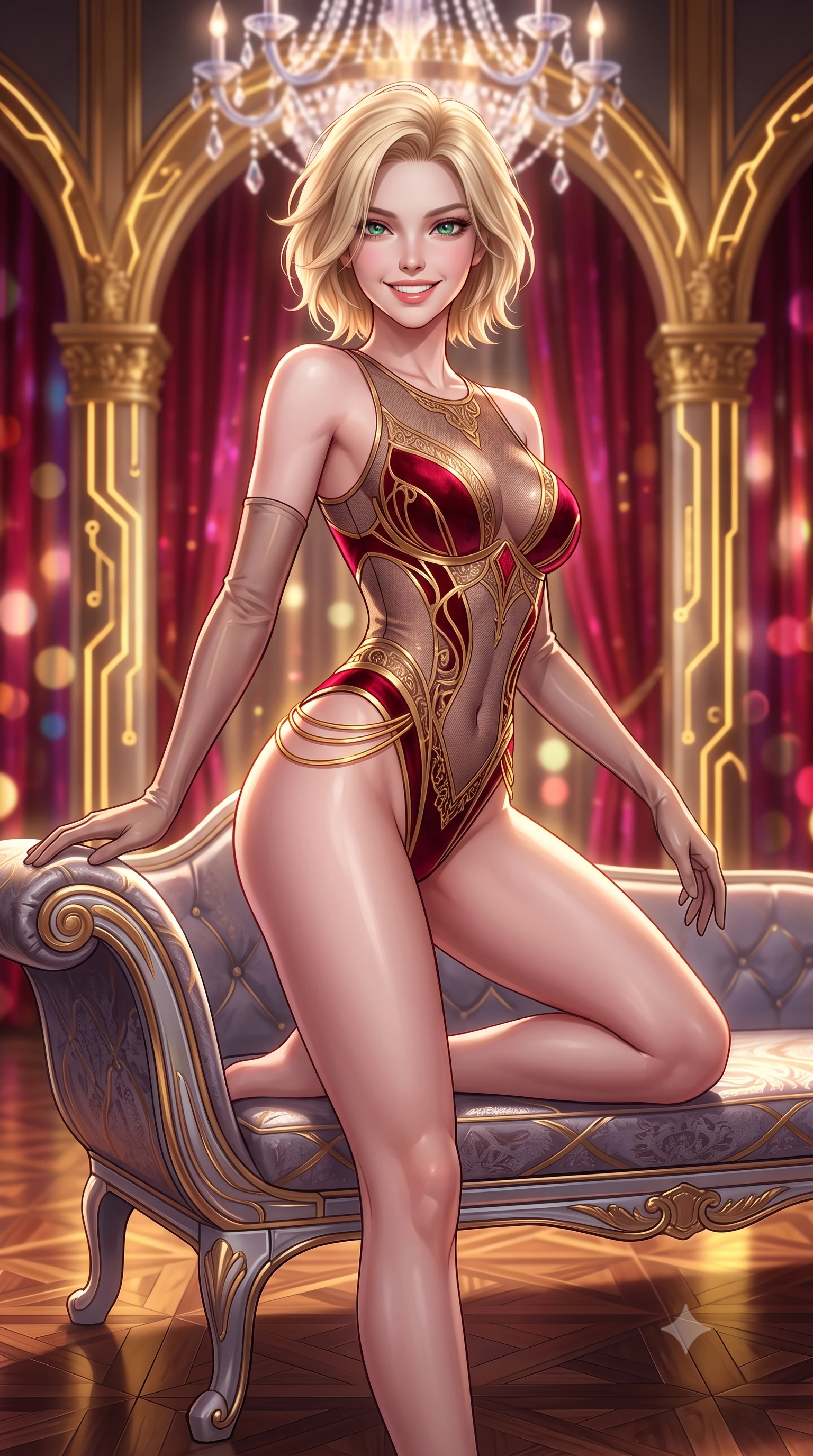 score_9, masterpiece, best quality, ultra-detailed, high-budget anime keyframe, semi-realistic 3D game render, editorial fashion photography, tasteful artistic composition, Caucasian woman. close-up cowboy shot from the waist and thighs up, the character dominates the composition, filling the frame with her large presence. perched sideways on the lounge seat, one knee drawn up to showcase her slender leg line while her arched back accentuates her feminine hip curve while twisting her slender torso in an alluring contrapposto stance, fiber-optic gold filigree and crimson velvet light wrapping around her narrow waist and curvy hips. The background shows a soft-focus levitating crystal plasma chandelier, soaring gilded baroque arches interlaced with pulsing gold circuits, and holographic crimson curtains blurred into ruby, gold, and champagne bokeh. She has an exceptionally elegant, slender, and willowy female figure with an ultra-slim waist, flat toned midriff, narrow ribcage, and sculpted feminine hips creating an alluring, slim hourglass silhouette without bulk. sharp v-shaped jawline, high-bridge nose, intricate jewel-like sparkling eyes with depth, thick eyelashes, glossy parted lips with a natural peach sheen, bright cheerful beaming smile with an enchanting and coquettish sensual glint, exuding both youthful cute charm and seductive allure, flawlessly proportioned anatomical accuracy, strict slender model proportions, natural body alignment, perfectly sculpted long slender limbs, ultra-slim waistline, clean dynamic posture without body distortion. wearing a provocative sheer-illusion cyber-mesh bodysuit with strategic metallic foil flocking and high-cut leg openings in Cyber-Baroque gilded gold and royal crimson velvet, crafted from bespoke double-faced cashmere with an exceptionally soft tactile finish, complemented by sheer opera-length evening gloves tracing her slender arms, the second-skin tailored fabric adhering flawlessly to her sculpted flat midriff and slender torso, emphasizing her long leg lines and perfectly proportioned willowy build. illuminated by polished parquet reflection bounce and sharp gold-plasma rim lights sculpting her jawline, narrow waist, and curvy hips. highly saturated vibrant anime colors, detailed shading with soft gradients, rich glossy textures, high-contrast stereoscopic depth, volumetric dynamic lighting, master piece, 9:16 ratio