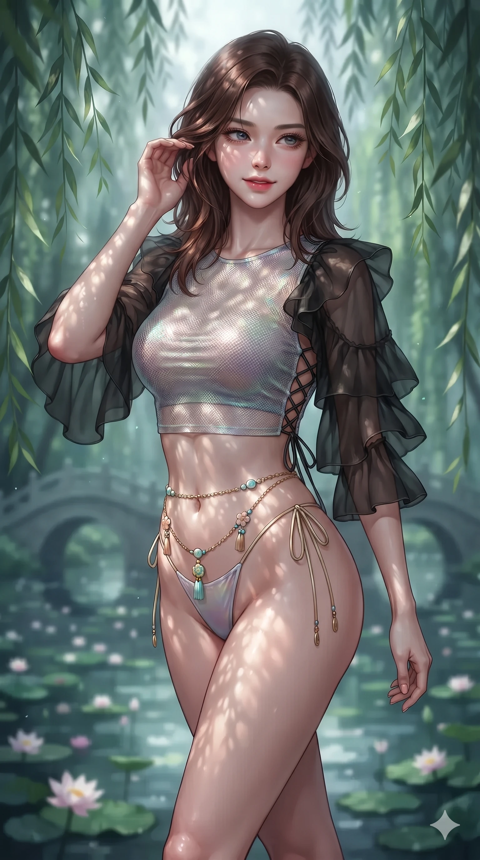 score_9, masterpiece, best quality, ultra-detailed, high-budget anime keyframe, editorial fashion photography, tasteful artistic composition, Korean woman. close-up cowboy shot from the waist and thighs up, the character dominates the composition, filling the frame with her large presence. gently brushing a lock of silk hair behind her ear while casting a playful, flirtatious side-gaze with long eyelashes while walking slowly through the curtain of weeping willow leaves with feline poise, her long slender legs and curvy hips commanding the frame. The background shows a soft-focus swaying weeping willow fronds, drifting flower blossoms on water, and distant arched bridges blurred into emerald, silver, and jade bokeh. She has an exceptionally elegant, slender, and willowy female figure with an ultra-slim waist, flat toned midriff, narrow ribcage, and sculpted feminine hips creating an alluring, slim hourglass silhouette without bulk. sharp v-shaped jawline, high-bridge nose, sparkling eyes with hypnotic seductive depth, thick curled eyelashes, glossy parted lips with a natural dewy peach sheen, alluring bedroom-eyes with an enchanting coquettish smile, exuding magnetic siren charisma and sophisticated glamour, flawlessly proportioned anatomical accuracy, strict slender model proportions, natural body alignment, perfectly sculpted long slender limbs, ultra-slim waistline, clean dynamic posture without body distortion. wearing a translucent iridescent mesh crop top paired with high-cut string bikini bottoms and gold norigae waist chains in pastel peach blossom and celadon porcelain blue, crafted from layered gossamer black nobang organza with weightless, smoky flutter, featuring fine criss-cross lace-up side ties revealing tantalizing glimpses of her hip curve, the precision-cut side openings and low-back scoop framing her graceful spine and the sensual sweep of her slim, toned hips. bathed in ethereal silver moonlight filtering through weeping willow leaves creating intricate dappled shadow patterns. ultra-reflective glossy finish, specular highlights, rich textural contrasts, high-contrast stereoscopic depth, volumetric dynamic lighting, 2k, ultra detail, master piece, 9:16 ratio