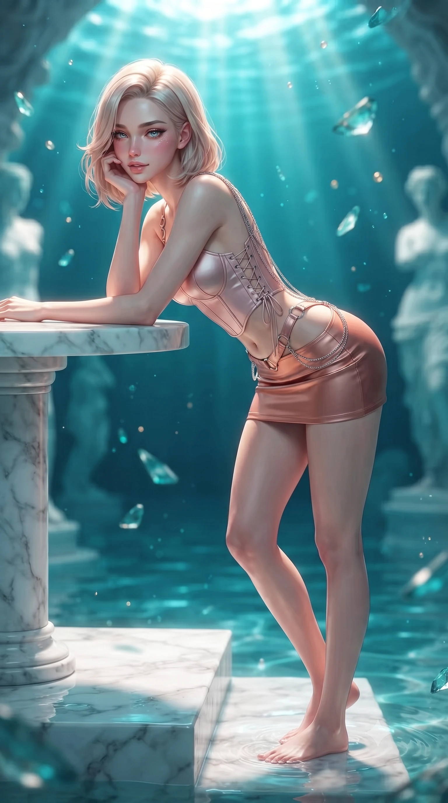 score_9, masterpiece, best quality, ultra-detailed, high-budget anime keyframe, editorial fashion photography, tasteful artistic composition, Caucasian woman. close-up cowboy shot from the waist and thighs up, the character dominates the composition, filling the frame with her large presence. resting one elbow on the table and supporting her chin, leaning close to the camera with heavy-lidded sparkling eyes and parted lips while standing poised on the submerged white marble temple step as brilliant golden sunbeams penetrate the turquoise water cavern, arching her spine with sovereign supermodel poise. The background shows a soft-focus brilliant volumetric sunbeams penetrating 20 meters of pristine turquoise water, drifting sea glass fragments, and submerged classical statues blurred into topaz, cyan, and pearl bokeh. She has an exceptionally elegant, slender, and willowy female figure with an ultra-slim waist, flat toned midriff, narrow ribcage, and sculpted feminine hips creating an alluring, slim hourglass silhouette without bulk. sharp v-shaped jawline, high-bridge nose, intricate jewel-like sparkling eyes with depth, thick eyelashes, glossy parted lips with a natural peach sheen, bright cheerful beaming smile with an enchanting and coquettish sensual glint, exuding both youthful cute charm and seductive allure, flawlessly proportioned anatomical accuracy, strict slender model proportions, natural body alignment, perfectly sculpted long slender limbs, ultra-slim waistline, clean dynamic posture without body distortion. wearing a sculpted satin underwire crop corset with lace-up side ties paired with a low-rise micro skirt in rose-quartz blush and burnished copper, adorned with delicate chrome ring hardware and cutouts along her slender waist, accented with an open-back drape framed by falling strands of delicate chrome chains, the precision-cut side openings and low-back scoop framing her graceful spine and the sensual sweep of her slim, toned hips. illuminated by submerged marble reflection bounce and sharp golden-cyan rim lights sculpting her jawline, narrow waist, and curvy hips. ultra-reflective glossy finish, specular highlights, rich textural contrasts, high-contrast stereoscopic depth, volumetric dynamic lighting, 2k, ultra detail, master piece, 9:16 ratio