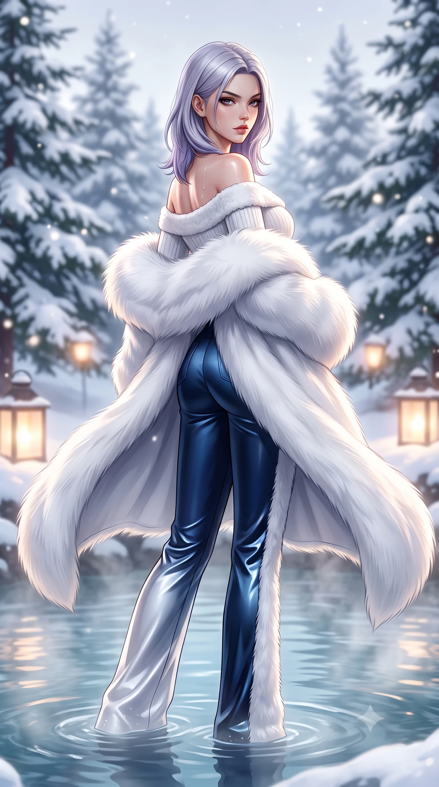 score_9, masterpiece, best quality, ultra-detailed, high-budget anime keyframe, semi-realistic 3D game render, editorial fashion photography, tasteful artistic composition, Caucasian woman. low angle full-body shot from head to toe showing her feet, filling the entire 9:16 vertical frame with her statuesque presence, stretching her vertical silhouette. executing an elegant mid-motion turn as garments swirl around her slender limbs, glancing over her shoulder with smoldering allure while wading through the steaming thermal mineral pool, arching her spine in pure pleasure as snowflakes melt on her glowing skin. The composition keeps background elements in soft focus with creamy bokeh. snow-covered cedar pines and glowing outdoor lanterns softened in dreamy shallow focus. She has an absolutely perfect, statuesque 8.5-heads proportion, an exceptionally tall and slender model-like female figure with impossibly long slender legs, a toned flat midriff, and an ultra-slim waist. sharp v-shaped jawline, high-bridge nose, intricate jewel-like eyes with depth, thick eyelashes, glossy parted lips with a natural sheen, intensely captivating and seductive expression, flawlessly proportioned anatomical accuracy, strict slender model proportions, natural body alignment, perfectly sculpted long slender limbs, ultra-slim waistline, clean dynamic posture without body distortion. wearing an off-shoulder white shearling-trimmed knit bodysuit paired with high-waisted metallic snow trousers in deep alpine midnight navy and snow white, made of liquid-smooth silk satin layered under plush faux-shearling fur, complemented by an opulent white fox-fur stole draped loosely over her shoulders, the sweeping couture drape swaying majestically with her steps, accentuating her tall statuesque limbs and slender waistline. illuminated by wet specular highlights accentuating her slender neckline, sculpted waist, and curves. highly saturated vibrant anime colors, detailed shading with soft gradients, rich glossy textures, high-contrast stereoscopic depth, volumetric dynamic lighting, master piece, 9:16 ratio