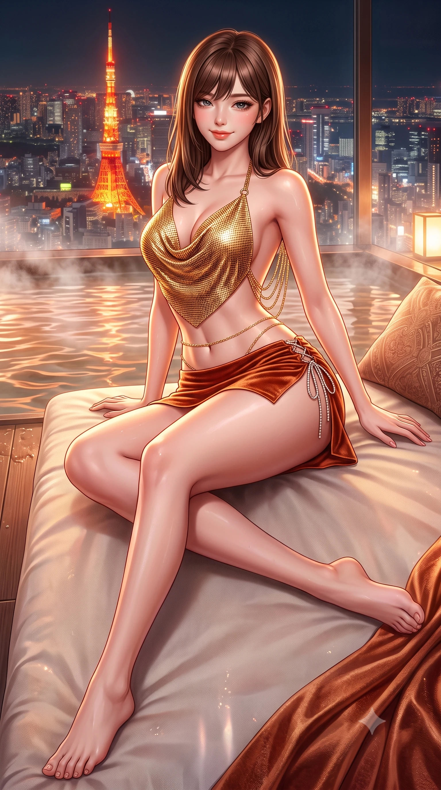score_9, masterpiece, best quality, ultra-detailed, high-budget anime keyframe, semi-realistic 3D game render, editorial fashion photography, tasteful artistic composition, Korean woman. low angle full-body shot from head to toe showing her feet, filling the entire 9:16 vertical frame with her statuesque presence, stretching her vertical silhouette. lounging on the lavish daybed with legs crossed and hips angled toward the camera, displaying her toned midriff and long slender limbs with effortless siren poise while twisting her slender torso in an alluring S-curve, warm hot spring water ripples and red-orange tower lights tracing her narrow waist and curvy hips. The surrounding environment is rendered in vivid detail and crisp panoramic clarity: detailed wet-look high-cut monokini cling, delicate gold waist chain shine, and Tokyo skyscraper engineering in razor-sharp precision. She has an absolutely perfect, statuesque 8.5-heads proportion, an exceptionally tall and slender model-like female figure with impossibly long slender legs, an ultra-slim waist, a flat toned midriff, narrow delicate ribcage, and beautifully sculpted feminine hips creating a graceful, slim hourglass silhouette without any bulky heaviness. sharp v-shaped jawline, high-bridge nose, sparkling eyes with hypnotic seductive depth, thick curled eyelashes, glossy parted lips with a natural dewy peach sheen, alluring bedroom-eyes with an enchanting coquettish smile, exuding magnetic siren charisma and sophisticated glamour, flawlessly proportioned anatomical accuracy, strict slender model proportions, natural body alignment, perfectly sculpted long slender limbs, ultra-slim waistline, clean dynamic posture without body distortion. wearing a liquid gold chainmail cowl halter top paired with an ultra-low-rise velvet mini skirt and side rhinestone ties in sun-drenched Tuscan terracotta and burnished copper, made of semi-opaque stretch illusion mesh with soft shadowy contours, accented with an open-back drape framed by falling strands of delicate gold chains, the precision-cut side openings and low-back scoop framing her graceful spine and the sensual sweep of her slim, toned hips. illuminated by steam cloud light scatter and sharp electric-amber rim lights sculpting her jawline, flat midriff, and voluptuous hip curves. highly saturated vibrant anime colors, detailed shading with soft gradients, rich glossy textures, high-contrast stereoscopic depth, volumetric dynamic lighting, master piece, 9:16 ratio