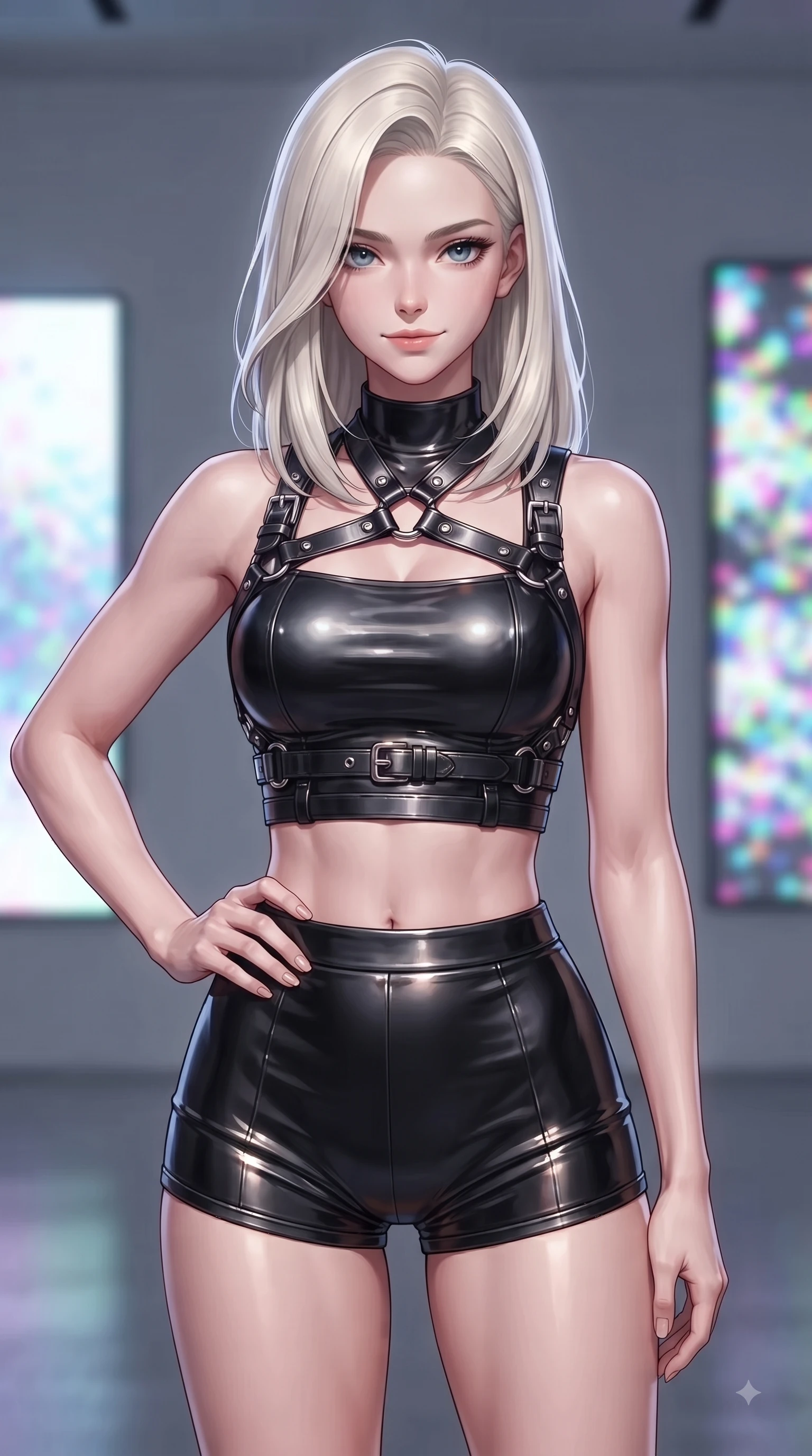 score_9, masterpiece, best quality, ultra-detailed, high-budget anime keyframe, editorial fashion photography, tasteful artistic composition, Caucasian woman woman. close-up cowboy shot from the waist and thighs up, the character dominates the composition, filling the frame with her large presence, background elements kept in soft focus. She has an exceptionally elegant, slender, and willowy female figure with an ultra-slim waist, a gracefully sculpted slender torso, and a refined silhouette. holding a confident power pose with one hand on her hip, looking directly into the camera with quiet self-assurance, flawlessly proportioned anatomical accuracy, natural body alignment, perfectly sculpted elegant limbs, clean dynamic posture without body distortion. set against a soft-focus background of a high-end gallery with RGB noise digital canvas displays. wearing a black structured leather harness over a fitted second-skin micro-shorts set. bathed in dynamic shifting RGB neon lights creating dramatic high-contrast rim light. ultra-reflective glossy finish, specular highlights, metallic sheen, high-contrast stereoscopic depth, volumetric dynamic lighting, 2k, ultra detail, master piece, 9:16 ratio
