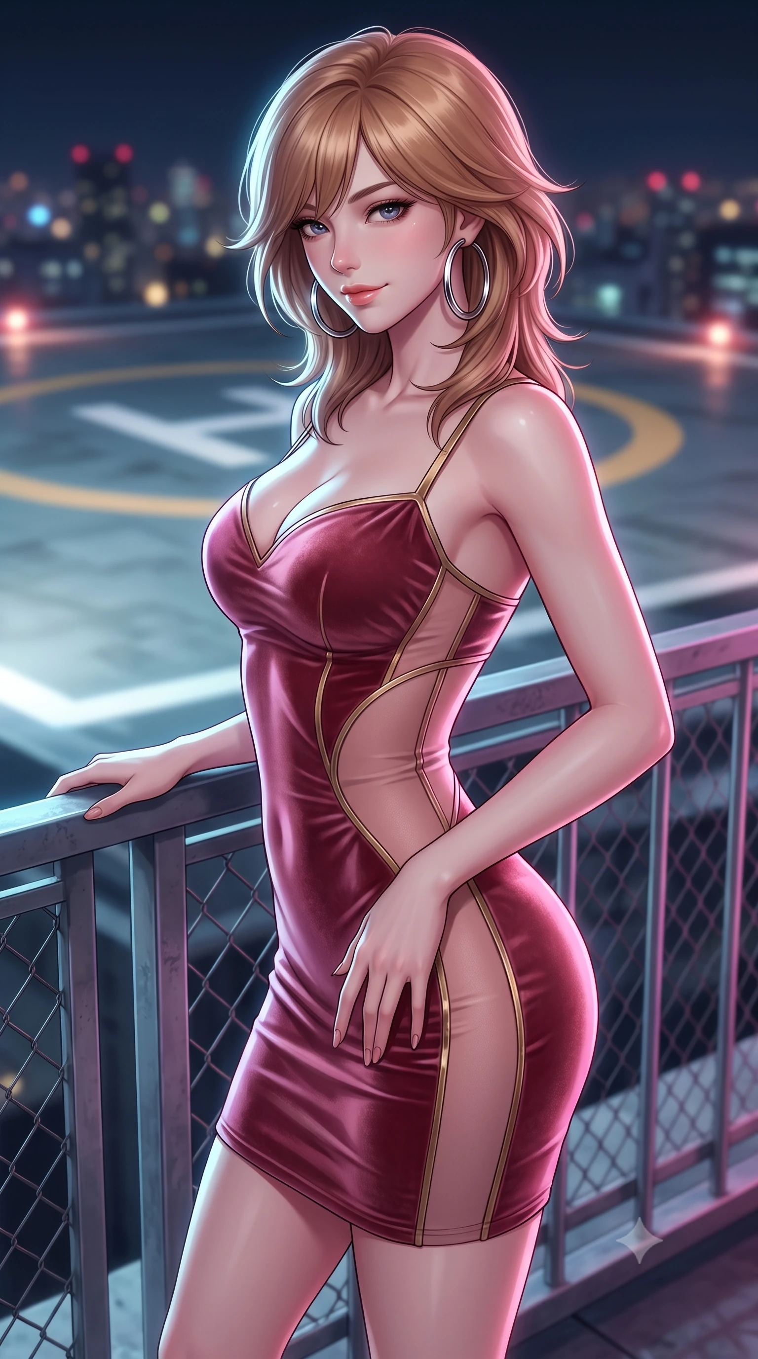 score_9, masterpiece, best quality, ultra-detailed, high-budget anime keyframe, semi-realistic 3D game render, editorial fashion photography, tasteful artistic composition, Korean woman. close-up cowboy shot from the waist and thighs up, the character dominates the composition, filling the frame with her large presence. tilting her head with a teasing half-smile, running one hand slowly down the side of her hip in a flirtatious S-curve as ambient light caresses her silhouette while leaning against the rooftop perimeter fence with relaxed alluring grace, looking back over her shoulder with an intoxicating bedroom-gaze. The background shows a soft-focus helicopter landing circle markings softened in breezy metropolitan rooftop shallow focus. She has an exceptionally elegant, slender, and willowy female figure with an ultra-slim waist, flat toned midriff, narrow ribcage, and sculpted feminine hips creating an alluring, slim hourglass silhouette without bulk. sharp v-shaped jawline, high-bridge nose, sparkling eyes with hypnotic seductive depth, thick curled eyelashes, glossy parted lips with a natural dewy peach sheen, alluring bedroom-eyes with an enchanting coquettish smile, exuding magnetic siren charisma and sophisticated glamour, flawlessly proportioned anatomical accuracy, strict slender model proportions, natural body alignment, perfectly sculpted long slender limbs, ultra-slim waistline, clean dynamic posture without body distortion. wearing a deep sweetheart-neckline velvet bodycon dress with sheer side-torso cutouts accentuating her hourglass curves in dusky blush rose and antique gold trims, made of sheer gossamer chiffon that drapes softly against skin with airy translucence, accented with oversized polished chrome hoop earrings catching the ambient neon glow, the precision-cut side openings and low-back scoop framing her graceful spine and the sensual sweep of her slim, toned hips. illuminated by helipad floodlight bounce and sharp platinum rim lights sculpting her jawline, flat midriff, and curvaceous hips. highly saturated vibrant anime colors, detailed shading with soft gradients, rich glossy textures, high-contrast stereoscopic depth, volumetric dynamic lighting, master piece, 9:16 ratio