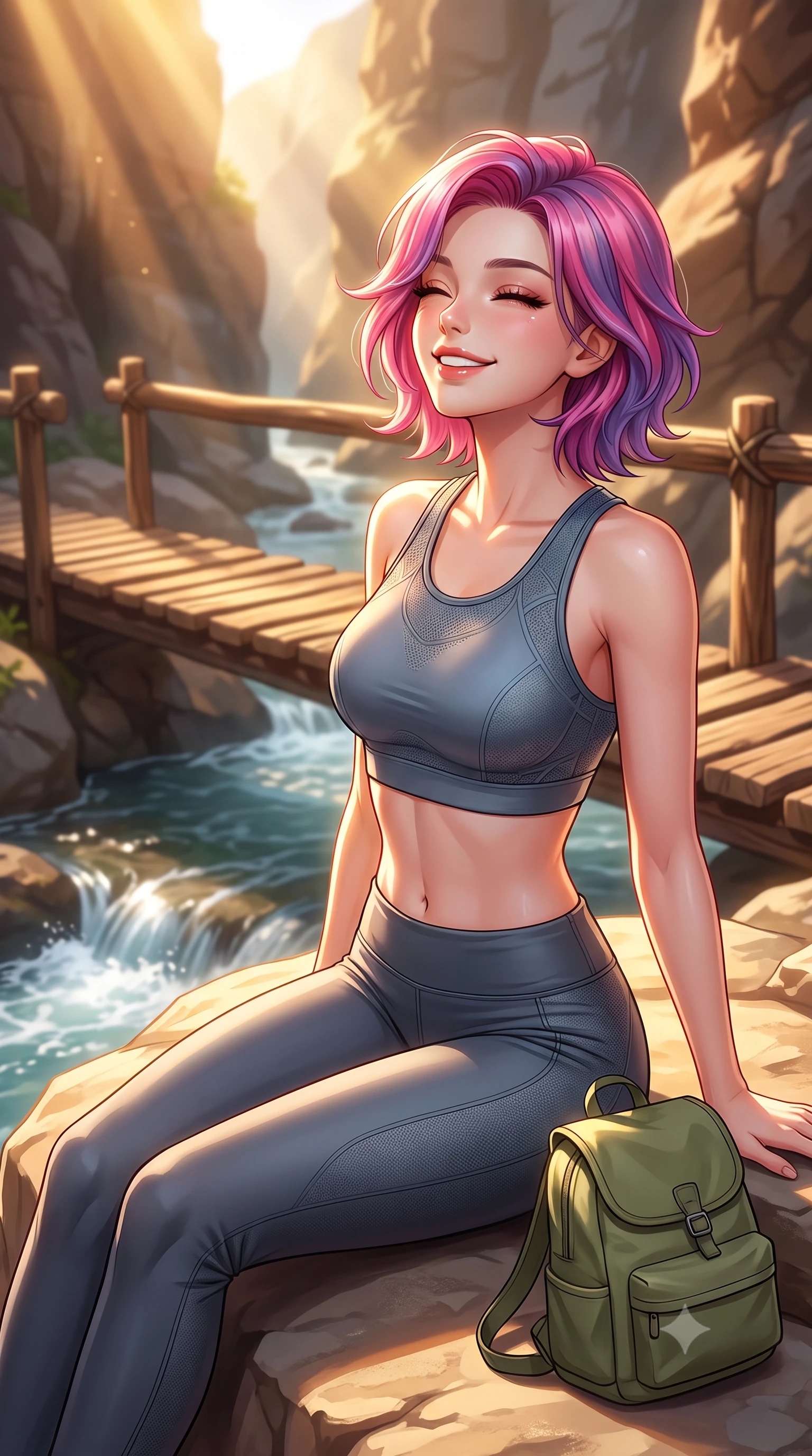 score_9, masterpiece, best quality, ultra-detailed, high-budget anime keyframe, editorial fashion photography, tasteful artistic composition, Caucasian woman. close-up cowboy shot from the waist and thighs up, the character dominates the composition, filling the frame with her large presence, background elements kept in soft focus. smiling happily with closed eyes, enjoying the warm sunbeams on her face set against a soft-focus background of on a rustic wooden bridge crossing a shallow, bubbling valley stream sitting on a clean rock with a small canvas backpack nearby. She has an exceptionally elegant, slender, and willowy female figure with an ultra-slim waist, a gracefully sculpted slender torso, and a refined silhouette. sharp v-shaped jawline, high-bridge nose, intricate jewel-like eyes with depth, thick eyelashes, glossy lips with a natural sheen. wearing body-hugging form-fitting activewear top in slate grey, outlining her slender torso. golden hour sunset light slicing through the valley gorge in warm rays. highly saturated vibrant anime colors, detailed shading with soft gradients, rich glossy textures, high-contrast stereoscopic depth, volumetric dynamic lighting, master piece, 9:16 ratio