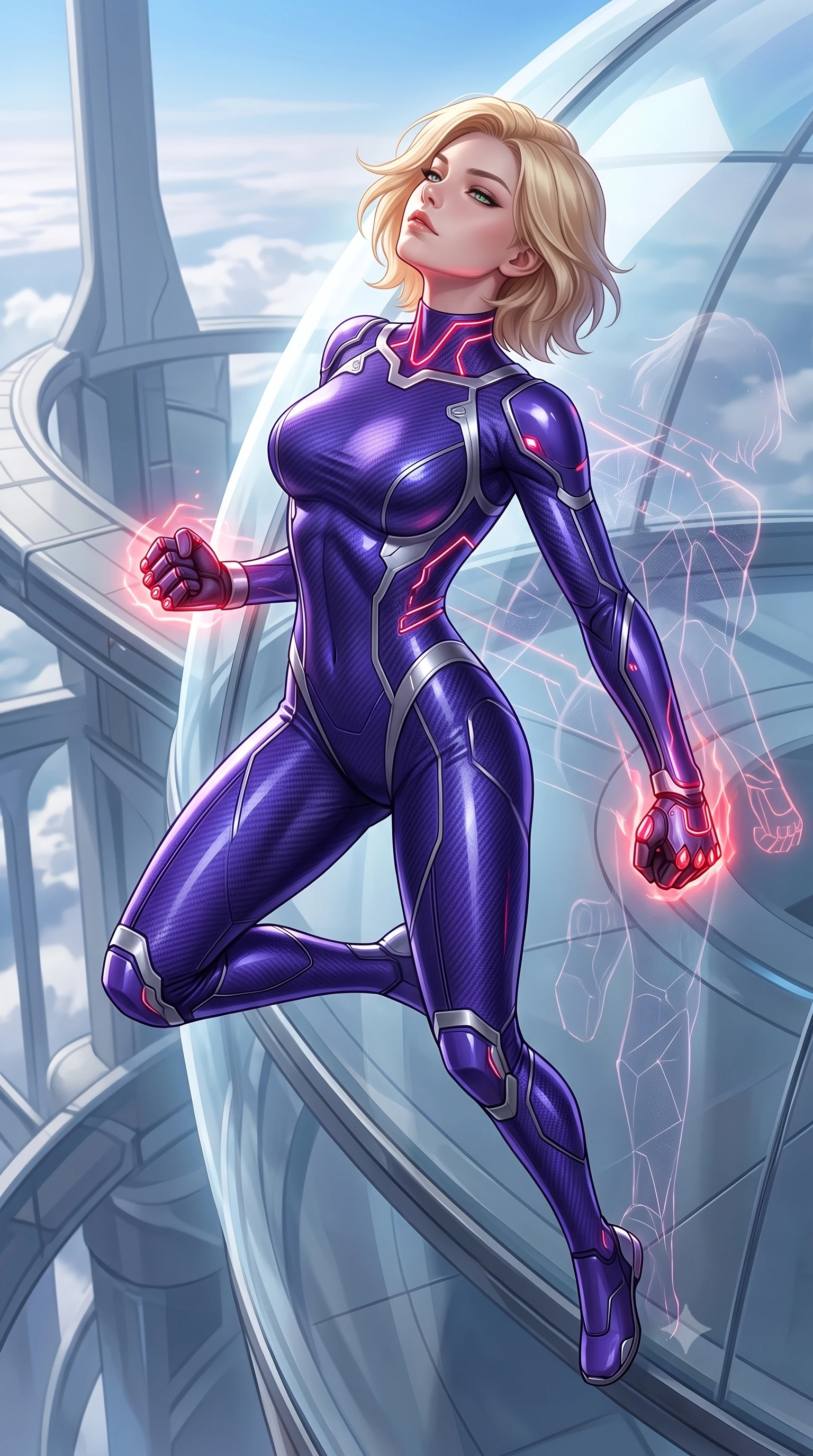 score_9, masterpiece, best quality, ultra-detailed, high-budget anime keyframe, semi-realistic 3D game render, editorial fashion photography, tasteful artistic composition, Caucasian woman. close-up cowboy shot from the waist and thighs up, the character dominates the composition, filling the frame with her large presence. tilting her head back with serene warrior composure, her sharp jawline and sculpted collarbones highlighted by glowing neon kinetic knuckles while launching off the transparent glass dome wall with supersonic speed, leaving a faint geometric data trail behind her silhouette. The surrounding environment is rendered in vivid detail and crisp panoramic clarity. dramatic orbital chiaroscuro and transcendent high-altitude martial arts architecture in panoramic precision. She has an exceptionally elegant, slender, and willowy female figure with an ultra-slim waist, a gracefully sculpted slender torso, toned flat midriff, and a refined slim silhouette. sharp v-shaped jawline, high-bridge nose, intricate jewel-like eyes with depth, thick eyelashes, glossy lips with a natural sheen, flawlessly proportioned anatomical accuracy, strict slender model proportions, natural body alignment, perfectly sculpted long slender limbs, ultra-slim waistline, clean dynamic posture without body distortion. wearing a precision-fitted royal purple carbon-fiber martial arts suit with silver accents and glowing micro-circuit knuckle plating in deep crimson carbon weave with specular dark chrome accents, formed from high-gloss patent carbon-plating with specular chiaroscuro reflections, finished with high-mobility flexible limb seams and miniature magnetic armor locks, the liquid-tight tailored fabric emphasizing every curve of her tall, slender model proportions and sculptured silhouette during dynamic movement. illuminated by crisp white key light and sharp specular highlights tracing her ultra-slim waist and long legs. rich saturated anime colors with glowing neon highlights, detailed shading with soft gradients, rich glossy textures, high-contrast stereoscopic depth, volumetric dynamic lighting, master piece, 9:16 ratio