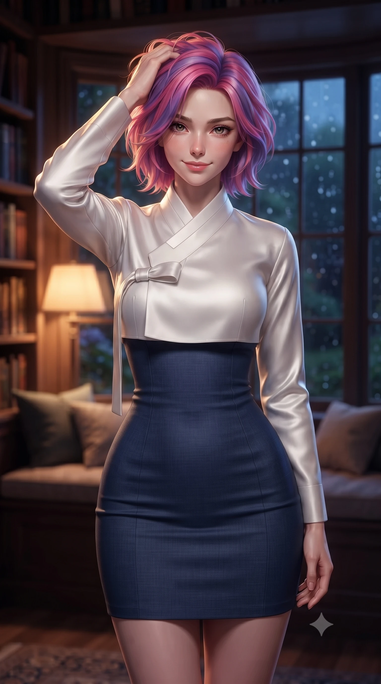score_9, masterpiece, best quality, ultra-detailed, high-budget anime keyframe, editorial fashion photography, tasteful artistic composition, Caucasian woman. close-up cowboy shot from the waist and thighs up, the character dominates the composition, filling the frame with her large presence, background elements kept in soft focus. smiling with quiet, magnetic self-assurance directly into the camera, running a hand through her hair the background shows a soft-focus a cozy bay window seat in a private library, overlooking a rain-streaked garden at night. She has an exceptionally elegant, slender, and willowy female figure with an ultra-slim waist, a gracefully sculpted slender torso, and a refined silhouette. sharp v-shaped jawline, high-bridge nose, intricate jewel-like eyes with depth, thick eyelashes, glossy lips with a natural sheen. wearing a body-hugging modern fusion hanbok dress with a navy blue linen skirt and a high-neck white silk jeogori wrapper. soft amber lamplight contrasting with the cool blue midnight twilight. ultra-reflective glossy finish, specular highlights, metallic sheen, high-contrast stereoscopic depth, volumetric dynamic lighting, 2k, ultra detail, master piece, 9:16 ratio