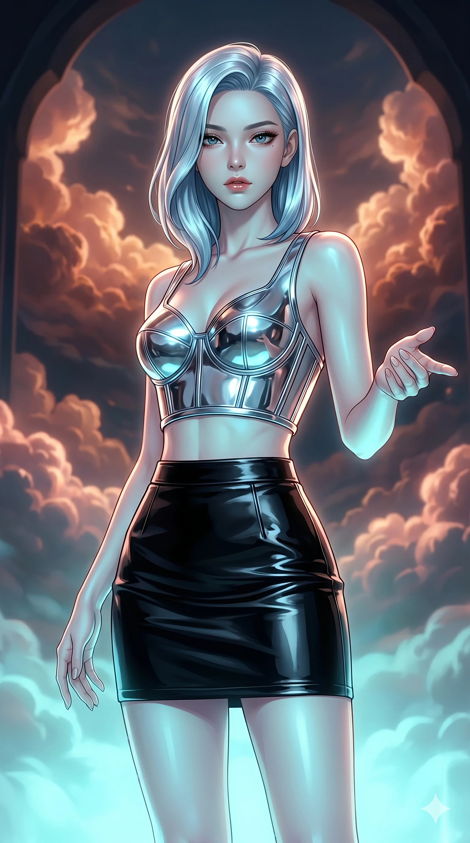 score_9, masterpiece, best quality, ultra-detailed, high-budget anime keyframe, editorial fashion photography, tasteful artistic composition, Korean woman. cowboy shot from the thighs up, character and outfit filling the frame for maximum editorial presence. Reaching one hand toward the viewer with relaxed elegance inside a luminous cloud palace where cumulus formations glow with amber and rose from within. She has an absolutely perfect 8-heads proportion, an exceptionally tall and slender female figure with impossibly long slender legs and an ultra-slim waist. V-shaped jawline, high-bridge nose, intricate jewel-like eyes with depth, thick eyelashes, glossy lips with a natural sheen. wearing a sculptural chrome-plated structured crop top with molded geometric cups and architectural side boning, paired with a high-waist black gloss leather mini skirt to mid-thigh. illuminated by soft aqua bioluminescent light that makes her skin luminously glow against the dark. 2k, ultra detail, master piece, 9:16 ratio