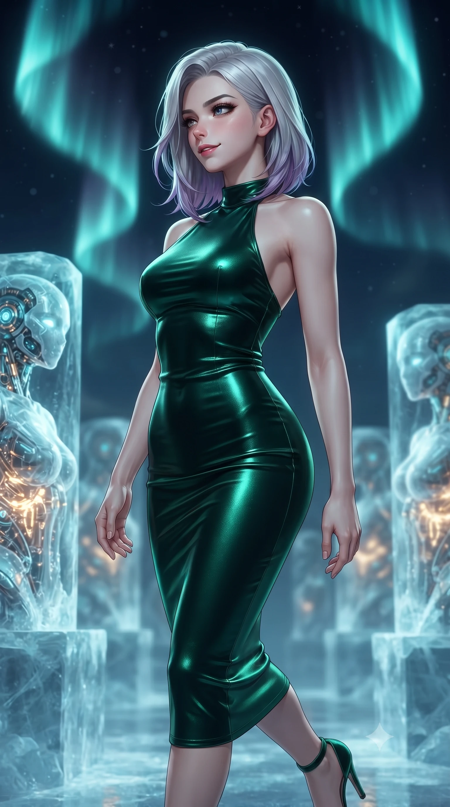 score_9, masterpiece, best quality, ultra-detailed, high-budget anime keyframe, editorial fashion photography, tasteful artistic composition, Caucasian woman. close-up cowboy shot from the waist and thighs up, the character dominates the composition, filling the frame with her large presence, background elements kept in soft focus. Glancing sidelong over her shoulder with a smoldering half-smile and heavy lashes navigating a hall of frozen sculptures containing glowing cybernetic components, dramatic polar aurora ribbons swirling across the dark night sky above. She has an exceptionally elegant, slender, and willowy female figure with an ultra-slim waist, a gracefully sculpted slender torso, and a refined silhouette. sharp v-shaped jawline, high-bridge nose, intricate jewel-like eyes with depth, thick eyelashes, glossy lips with a natural sheen. wearing a velvet halter-neck midi dress in deep emerald, following her form like a glove, the sleek second-skin texture accentuating her magnetic presence. lit by a dramatic clash of icy cyan neon and warm golden internal core light. ultra-reflective glossy finish, specular highlights, metallic sheen, high-contrast stereoscopic depth, volumetric dynamic lighting, 2k, ultra detail, master piece, 9:16 ratio