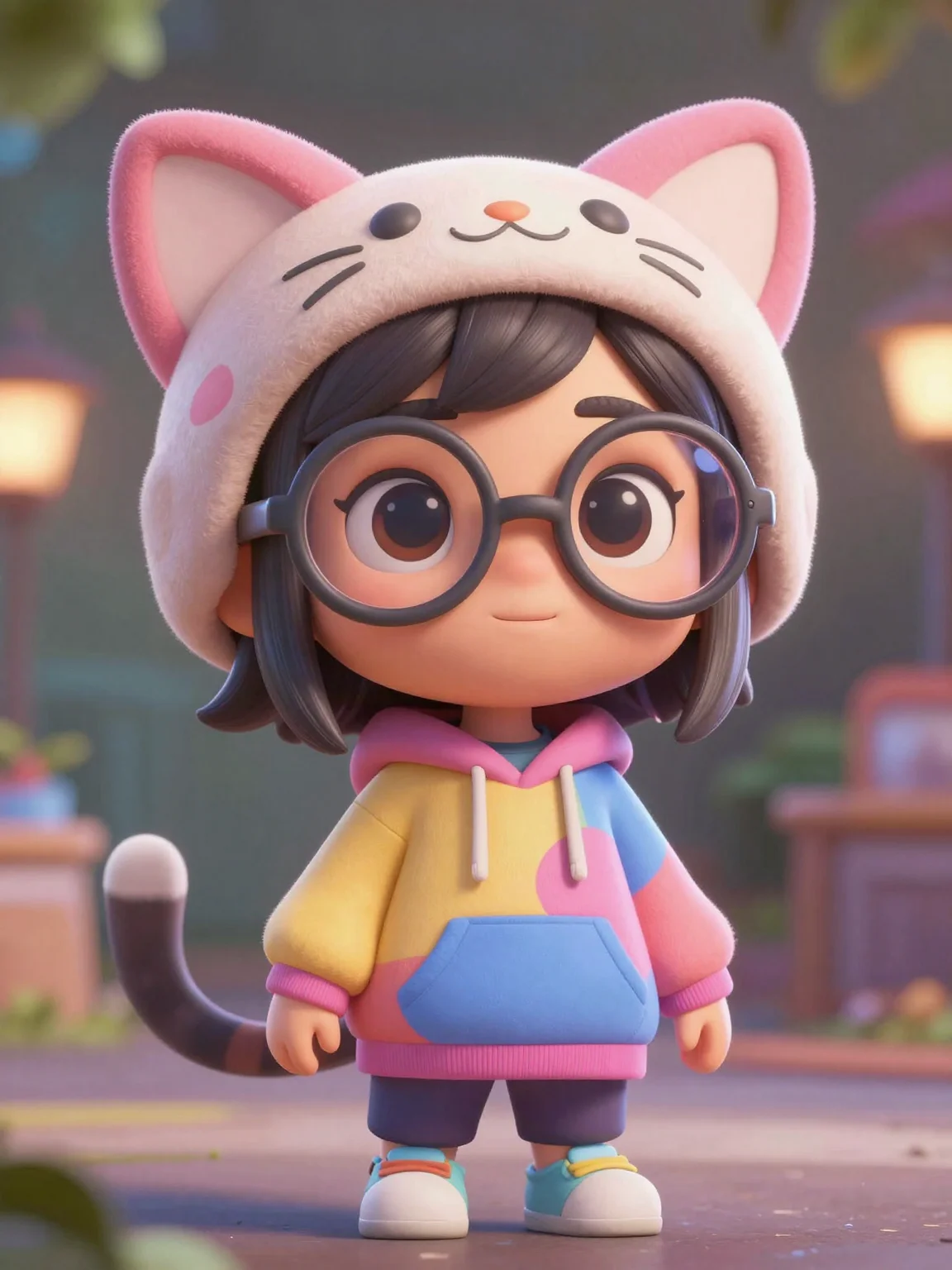 (masterpiece:1.2), best quality, (3D rendering:1.2), cute girl, giant glasses, cat ear headband, colorful hoodie, (Pixar-style high-end rendering:1.2), subsurface scattering, bokeh, 2k, ultra detail, 3:4 ratio