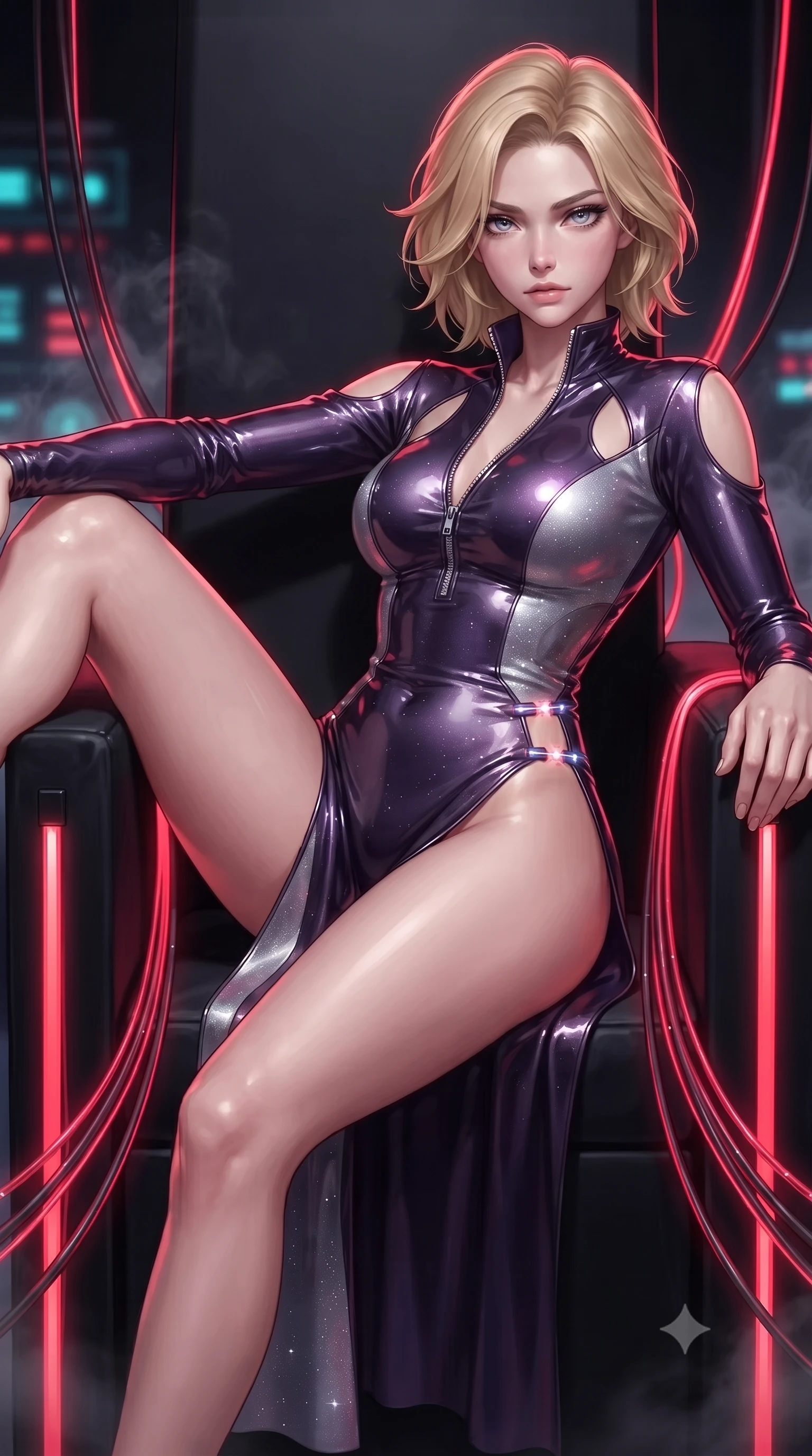 score_9, masterpiece, best quality, ultra-detailed, high-budget anime keyframe, editorial fashion photography, tasteful artistic composition, Caucasian woman. close-up cowboy shot from the waist and thighs up, the character dominates the composition, filling the frame with her large presence. gazing directly into the lens with bedroom eyes and a breathtaking, dangerous allure that commands the entire composition while lounging seductively across an elevated obsidian throne flanked by pulsating crimson fiber-optic cables. The composition keeps background elements in soft focus with creamy bokeh. glowing neon indicators and electronic smoke blurring into a dramatic dark backdrop. She has an exceptionally elegant, slender, and willowy female figure with an ultra-slim waist, a gracefully sculpted slender torso, and a refined silhouette. sharp v-shaped jawline, high-bridge nose, intricate jewel-like eyes with depth, thick eyelashes, glossy lips with a natural sheen, flawlessly proportioned anatomical accuracy, natural body alignment, perfectly sculpted elegant limbs, clean dynamic posture without body distortion. wearing a form-fitting top made of molten liquid-mercury fabric that clings to her curves, with strategic tear-drop shoulder cutouts and a dangerously unzipped front collar in dark amethyst purple and shimmering starlight silver, formed from high-gloss patent material with specular light reflections, finished with an ultra-high side slit secured by miniature magnetic clasps, the form-contouring second-skin material highlighting her ultra-slim waist and long lines. bathed in bright white studio flash light and sharp crimson rim lighting outlining her silhouette. ultra-reflective glossy finish, specular highlights, metallic sheen, high-contrast stereoscopic depth, volumetric dynamic lighting, 2k, ultra detail, master piece, 9:16 ratio