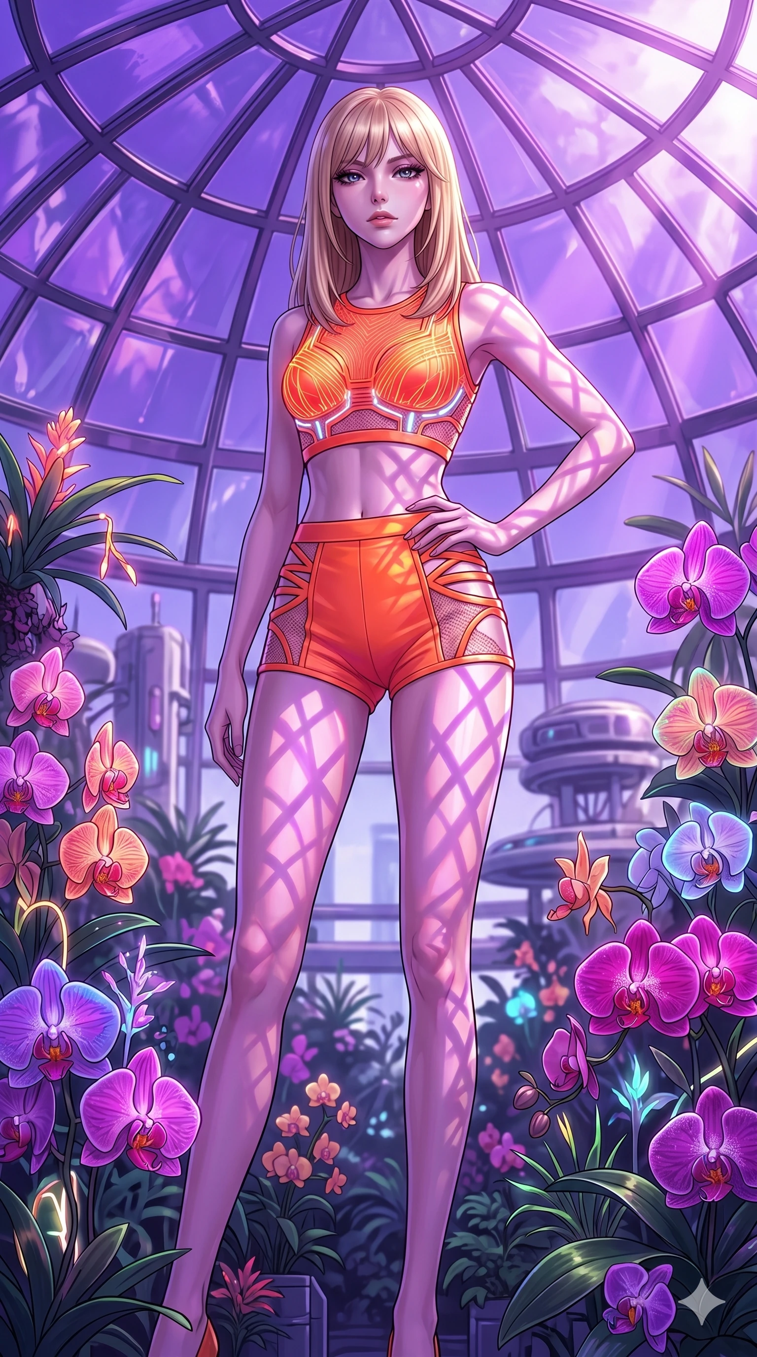 score_9, masterpiece, best quality, ultra-detailed, high-budget anime keyframe, editorial fashion photography, tasteful artistic composition, Japanese woman. cowboy shot from the thighs up, character and outfit filling the frame for maximum editorial presence. standing among tropical neon orchids, looking at the viewer with an air of superiority in a futuristic greenhouse under a dome of purple glass (Code-P16-065). She has an absolutely perfect 8-heads proportion, an exceptionally tall and slender female figure with impossibly long slender legs and an ultra-slim waist. V-shaped jawline, high-bridge nose, intricate jewel-like eyes with depth, thick eyelashes, glossy lips with a natural sheen. wearing a neon orange filament crop top and high-waisted shorts with side cutout straps. drenched in brilliant morning sunshine, casting violet-pink patterns on her skin. 2k, ultra detail, master piece, 9:16 ratio