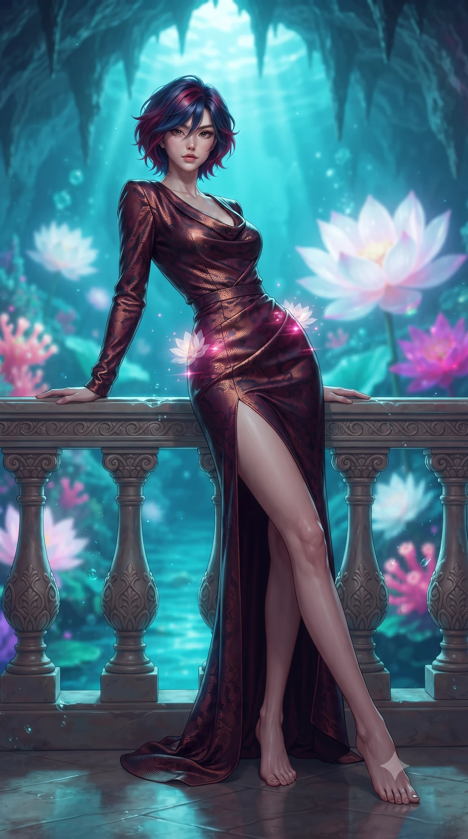 score_9, masterpiece, best quality, ultra-detailed, high-budget anime keyframe, editorial fashion photography, tasteful artistic composition, Korean woman. low angle full-body shot from head to toe showing her feet, filling the entire 9:16 vertical frame with her statuesque presence, stretching her vertical silhouette. leaning deep against the balcony balustrade with hips cocked back in an unapologetically alluring high-fashion stance, casting an intoxicating glance while twisting her slender torso in an alluring contrapposto stance, fluorescent turquoise water currents and pink lotus glows playing across her narrow waist and curvy hips. The background shows a soft-focus giant glowing white and magenta lotus blossoms, pulsing fluorescent coral polyps, and stalactite ceiling blurred into turquoise, coral, and emerald bokeh. She has an exceptionally tall and slender model-like 8.5-heads proportion, an ultra-slim waist, a flat toned midriff, narrow delicate ribcage, and beautifully sculpted feminine hips creating a graceful, slim hourglass silhouette without any bulky heaviness, with impossibly long slender legs. sharp v-shaped jawline, high-bridge nose, intricate jewel-like sparkling eyes with depth, thick eyelashes, glossy parted lips with a natural peach sheen, bright cheerful beaming smile with an enchanting and coquettish sensual glint, exuding both youthful cute charm and seductive allure, flawlessly proportioned anatomical accuracy, strict slender model proportions, natural body alignment, perfectly sculpted long slender limbs, ultra-slim waistline, clean dynamic posture without body distortion. wearing a refined long-sleeve cowl-neck satin evening gown with modest draped neckline and tailored waistline in deep burgundy and bronze accents, woven from structured carbon-fiber jacquard with rich textural depth, finished with sleek magnetic buckle closures fluttering in the breeze, the bespoke structured tailoring following the natural line of her 8.5-heads silhouette with refined elegance. illuminated by water caustics bounce and sharp aquamarine-pink rim lights defining her razor-sharp jawline, narrow waist, and curvy hips. ultra-reflective glossy finish, specular highlights, rich textural contrasts, high-contrast stereoscopic depth, volumetric dynamic lighting, 2k, ultra detail, master piece, 9:16 ratio