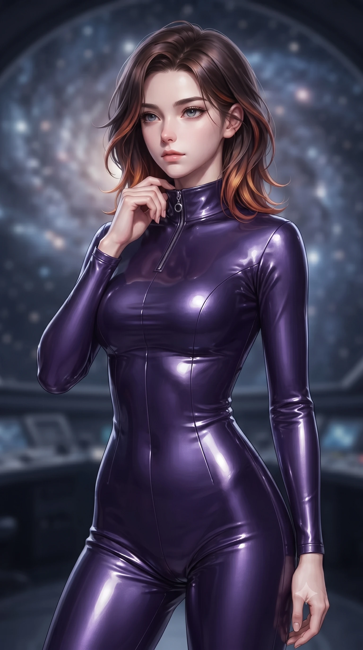 score_9, masterpiece, best quality, ultra-detailed, high-budget anime keyframe, editorial fashion photography, tasteful artistic composition, Korean woman. close-up cowboy shot from the waist and thighs up, the character dominates the composition, filling the frame with her large presence, background elements kept in soft focus. adjusting the high collar of her body-hugging suit, looking past the camera with quiet, sharp focus and a composed expression, the background shows a soft-focus a void observatory looking at a galaxy nebula in stardust under a dome. She has an exceptionally elegant, slender, and willowy female figure with an ultra-slim waist, a gracefully sculpted slender torso, and a refined silhouette. sharp v-shaped jawline, high-bridge nose, intricate jewel-like eyes with depth, thick eyelashes, glossy lips with a natural sheen. wearing a form-contouring form-contouring pilot flight suit in deep purple liquid vinyl, featuring a snug mock-neck and chrome zippers. soft silver starlight wrapping her statuesque posture in a quiet mood. ultra-reflective glossy finish, specular highlights, metallic sheen, high-contrast stereoscopic depth, volumetric dynamic lighting, 2k, ultra detail, master piece, 9:16 ratio