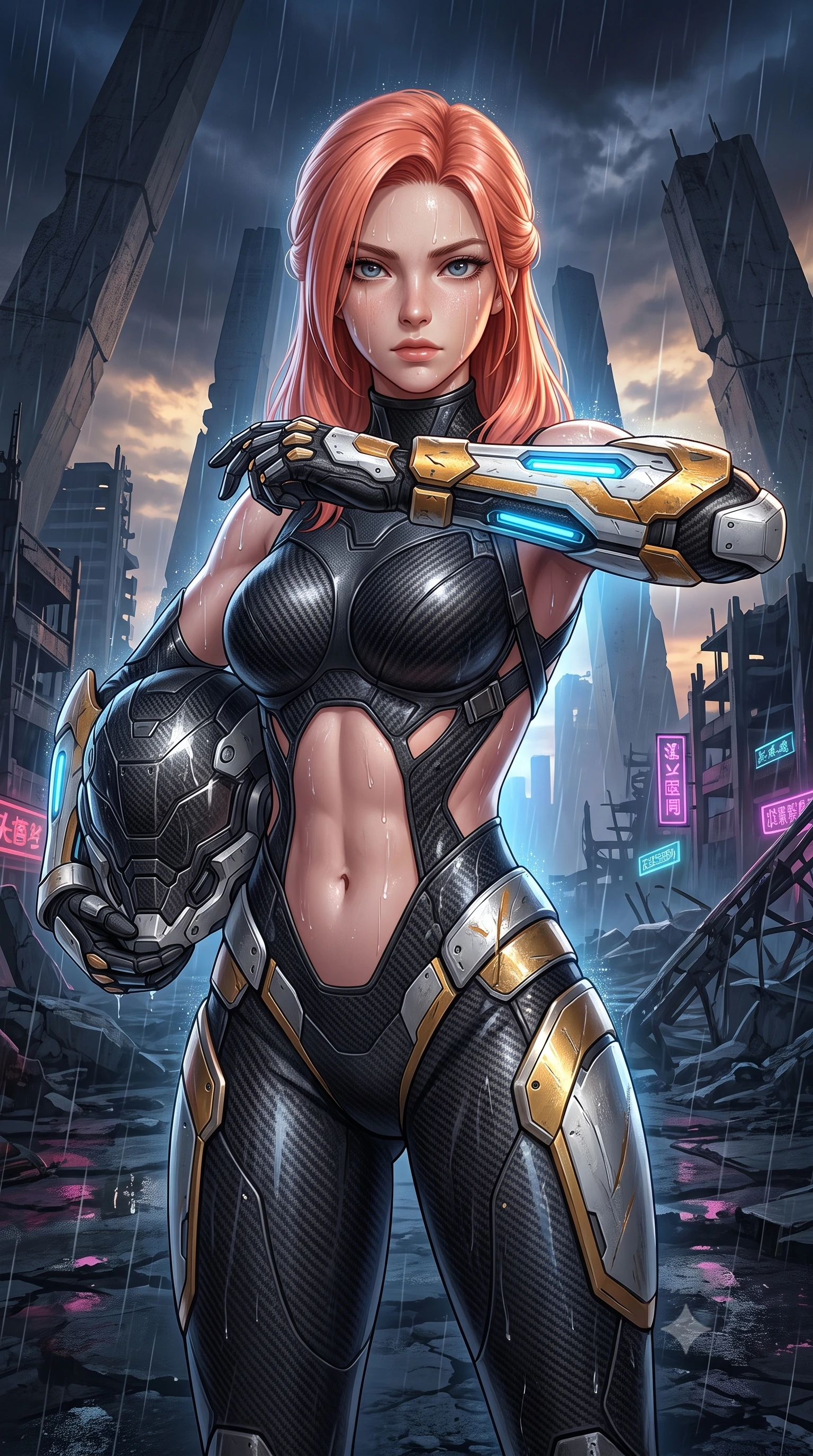 score_9, masterpiece, best quality, ultra-detailed, high-budget anime keyframe, semi-realistic 3D game render, editorial fashion photography, tasteful artistic composition, Japanese woman. close-up cowboy shot from the waist and thighs up, the character dominates the composition, filling the frame with her large presence. tilting her head slightly with solemn warrior composure, sweat and rain glistening on her sculpted collarbones and high-bridge nose while arching her spine in a fluid motion as she parries an unseen shockwave with her reinforced kinetic forearm bracers. The surrounding environment is rendered in vivid detail and crisp panoramic clarity. dramatic post-apocalyptic chiaroscuro and vast desolate wasteland geometry rendered in panoramic precision. She has an exceptionally elegant, slender, and willowy female figure with an ultra-slim waist, a gracefully sculpted slender torso, toned flat midriff, and a refined slim silhouette. sharp v-shaped jawline, high-bridge nose, intricate jewel-like eyes with depth, thick eyelashes, glossy lips with a natural sheen, fierce and resolute heroine expression, flawlessly proportioned anatomical accuracy, strict slender model proportions, natural body alignment, perfectly sculpted long slender limbs, ultra-slim waistline, clean dynamic posture without body distortion. holding a modular carbon battle-helmet under one arm, her flawless face and sculpted neck exposed to the rain with determined warrior focus, paired with a form-contouring high-mobility battle-suit featuring sculpted carbon chest plating, diagonal midriff ventilation cutouts, and kinetic knee vambraces in arctic white carbon composite with scratched solar gold armor plating, crafted from ultra-strong woven carbon-fiber composite with battle-tested satin luster, complemented by criss-cross back harness straps highlighting her completely bare spine, the precision-cut daring openings accentuating her delicate midriff, graceful bare collarbones, and ultra-slim feminine waistline. surrounded by a solitary, monumental, and sacredly resilient post-apocalyptic guardian aura. rich saturated anime colors with glowing neon highlights, detailed shading with soft gradients, rich glossy textures, high-contrast stereoscopic depth, volumetric dynamic lighting, master piece, 9:16 ratio