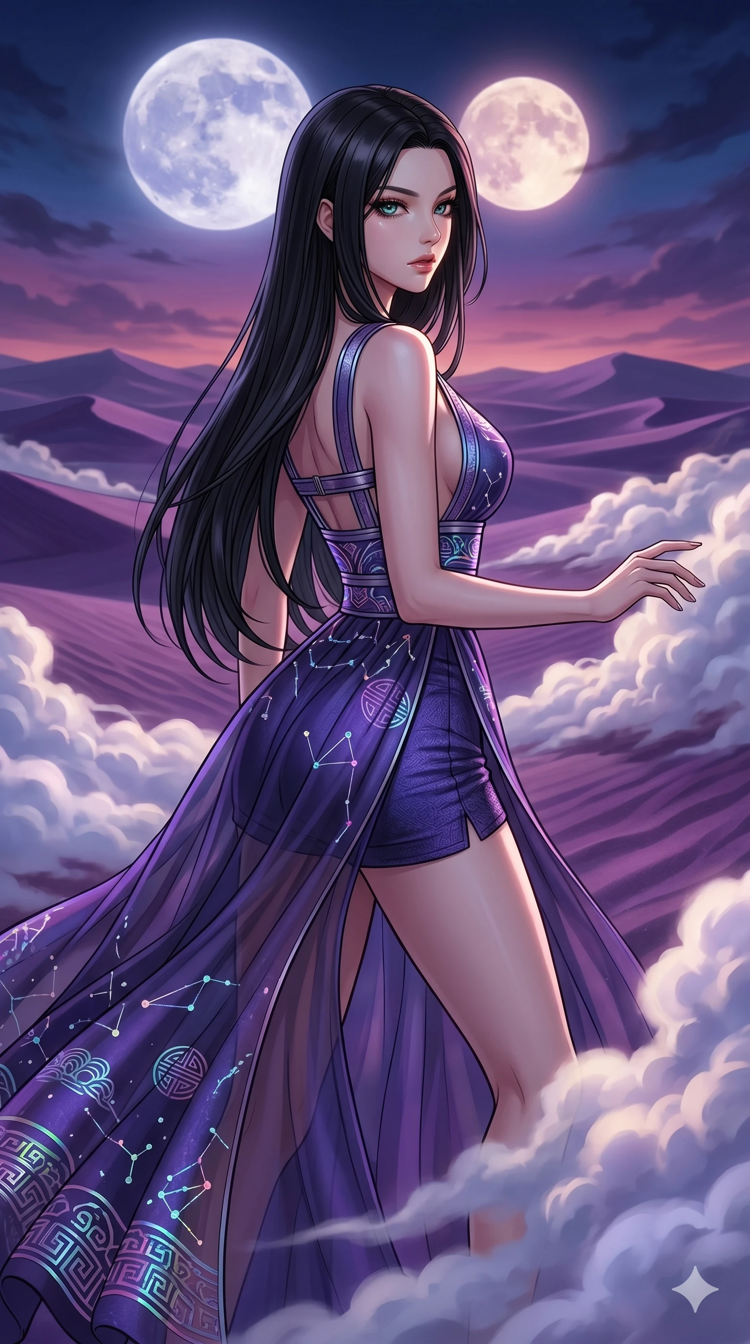 score_9, masterpiece, best quality, ultra-detailed, high-budget anime movie keyframe, cinematic anime lighting, intricate line art, Japanese woman. Medium shot of upper body capturing the intricate details of her high-fashion attire. navigating a sea of clouds in a desert of purple sands under a twin-moon sky. She has an absolutely perfect 8-heads proportion, an exceptionally tall and slender female figure with an ultra-slim waist and impossibly long slender legs. sharp v-shaped jawline, high-bridge nose, intricate jewel-like eyes, thick eyelashes, glossy lips. Wearing modernized deep-plunging silk hanbok-fusion with metallic straps, a high-slit sheer skirt over micro-shorts, and holographic embroidered patterns. The scene is illuminated by dramatic atmospheric lighting and vibrant color palettes. , 2k, ultra detail, master piece, 9:16 ratio