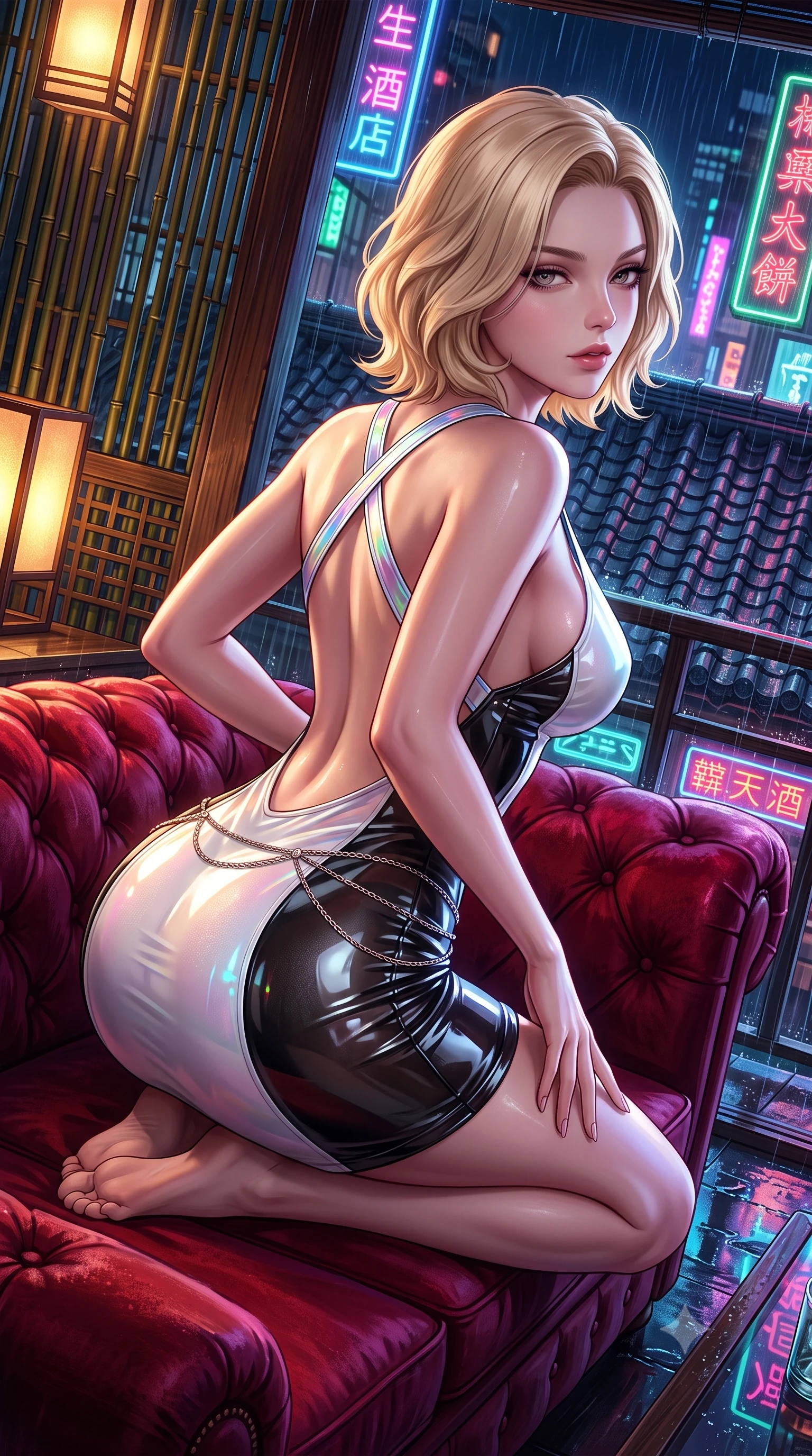 score_9, masterpiece, best quality, ultra-detailed, high-budget anime keyframe, semi-realistic 3D game render, editorial fashion photography, tasteful artistic composition, Caucasian woman. close-up cowboy shot from the waist and thighs up, the character dominates the composition, filling the frame with her large presence. arching her spine backward with effortless dancer poise, one hand sliding along her hip line as directional light carves specular highlights along her silhouette while reclining on a vintage velvet Chesterfield sofa inside a rain-streaked rooftop teahouse, one knee drawn up in a seductive Cleopatra pose. The surrounding environment is rendered in vivid detail and crisp panoramic clarity. sharp bamboo lattice textures, wet ceramic roof tiles, and glowing neon tube reflections in deep focus. She has an exceptionally elegant, slender, and willowy female figure with an ultra-slim waist, a gracefully sculpted slender torso, toned flat midriff, and rounded feminine hips creating an alluring hourglass silhouette. sharp v-shaped jawline, high-bridge nose, intricate jewel-like eyes with depth, thick eyelashes, glossy parted lips with a natural sheen, intensely captivating and seductive bedroom-eyes expression, flawlessly proportioned anatomical accuracy, strict slender model proportions, natural body alignment, perfectly sculpted long slender limbs, ultra-slim waistline, clean dynamic posture without body distortion. wearing a daring open-back neon party dress with crossed holographic straps and bodycon fit in high-contrast monochrome white and glossy black, made of semi-translucent cybernetic vinyl with glowing micro-filaments, complemented by a delicate metallic hip chain catching the neon rain caustics, the glove-like aerodynamic silhouette tightly following the natural contour of her hips and long slender legs with statuesque precision. surrounded by an enigmatic, sultry, and breathtakingly hypnotic cyber-femme fatale aura. highly saturated vibrant anime colors, detailed shading with soft gradients, rich glossy textures, high-contrast stereoscopic depth, volumetric dynamic lighting, master piece, 9:16 ratio