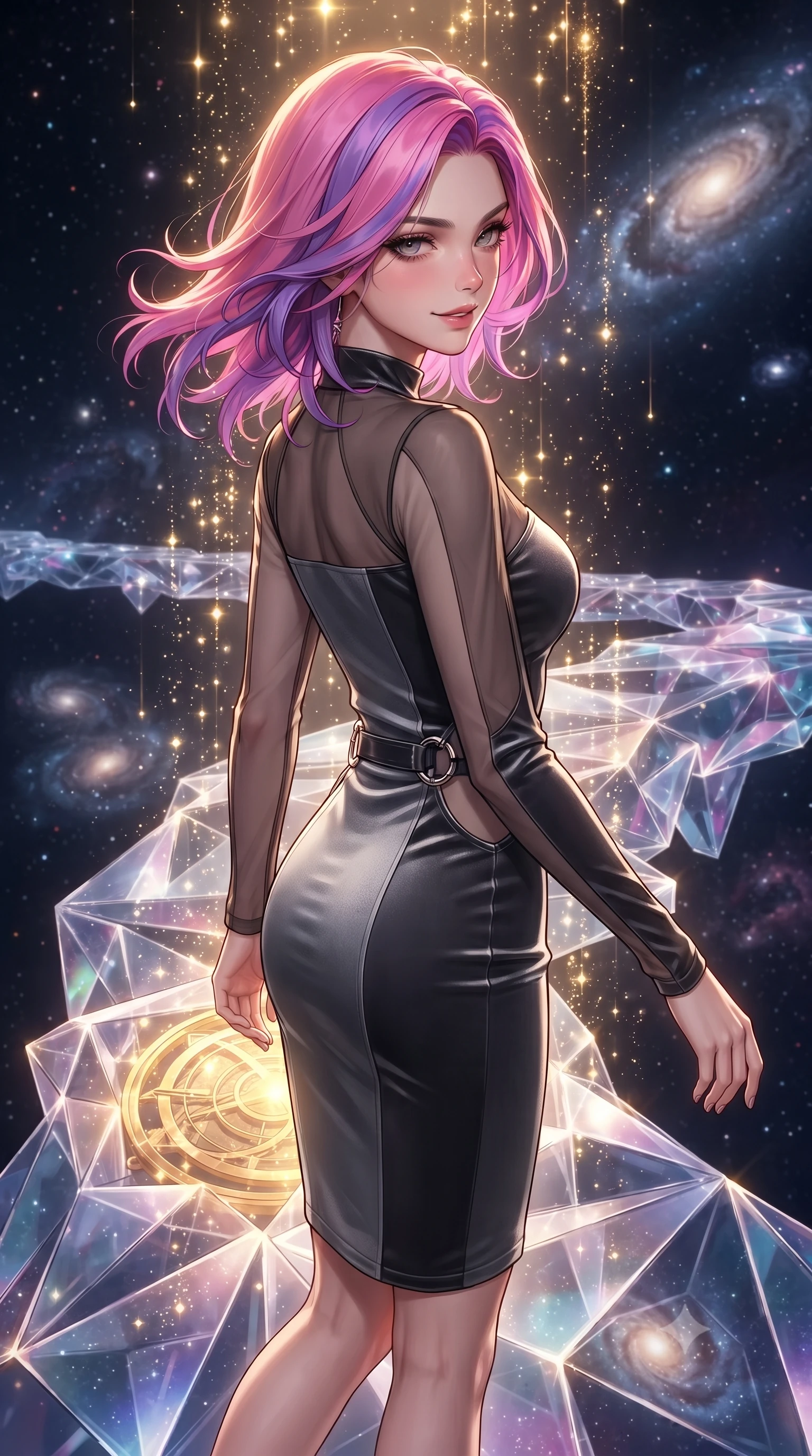 score_9, masterpiece, best quality, ultra-detailed, high-budget anime keyframe, editorial fashion photography, tasteful artistic composition, Caucasian woman. close-up cowboy shot from the waist and thighs up, the character dominates the composition, filling the frame with her large presence, background elements kept in soft focus. Glancing sidelong over her shoulder with a smoldering half-smile and heavy lashes stepping along a crystalline cosmic bridge in deep space, starlight particles falling like a golden shower around her. She has an exceptionally elegant, slender, and willowy female figure with an ultra-slim waist, a gracefully sculpted slender torso, and a refined silhouette. sharp v-shaped jawline, high-bridge nose, intricate jewel-like eyes with depth, thick eyelashes, glossy lips with a natural sheen. wearing a sleek bodycon knit dress with sheer organza sleeve panels in charcoal grey and platinum, made of premium stretch velvet with a rich sheen, accented with delicate chrome ring hardware framing her waist, the glove-like fit emphasizing her statuesque silhouette. illuminated by brilliant starlight and warm golden inner glow from the astrolabe. highly saturated vibrant anime colors, detailed shading with soft gradients, rich glossy textures, high-contrast stereoscopic depth, volumetric dynamic lighting, master piece, 9:16 ratio