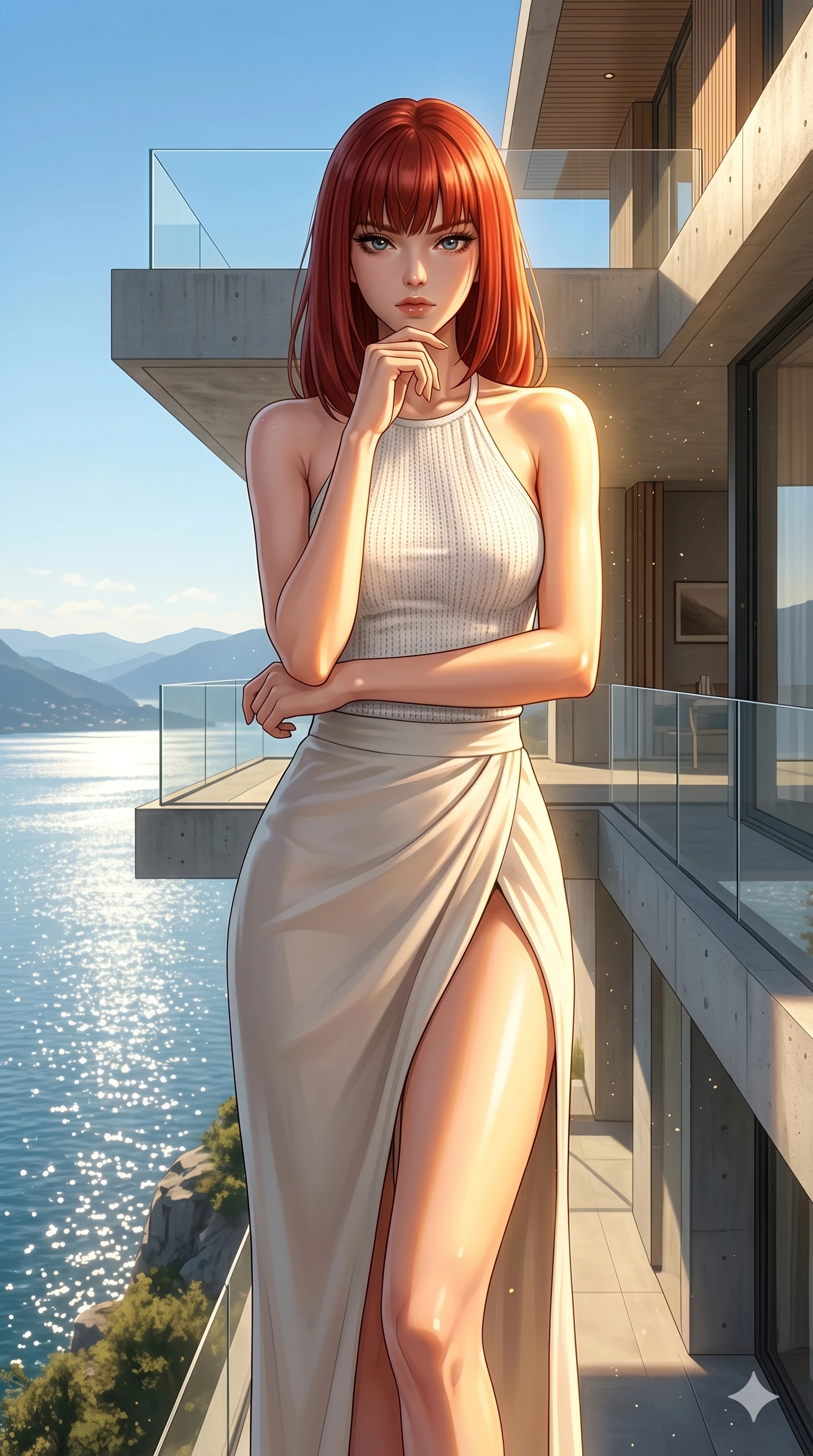 score_9, masterpiece, best quality, ultra-detailed, high-budget anime keyframe, editorial fashion photography, tasteful artistic composition, Caucasian woman, strictly human ears. cowboy shot from the thighs up, character and outfit filling the frame for maximum editorial presence. resting her chin on her fingers, looking directly into the lens with a piercing, mysterious gaze on a private viewing balcony of a modern architectural home built on a cliffside over a lake (Code-P058). She has an absolutely perfect 8-heads proportion, an exceptionally tall and slender female figure with impossibly long slender legs and an ultra-slim waist. V-shaped jawline, high-bridge nose, intricate jewel-like eyes with depth, thick eyelashes, glossy lips with a natural sheen. wearing a white knit halter top showing her elegant clavicle lines, and a high-slit wrap skirt. drenched in brilliant afternoon sunshine, casting warm rays that trace the curves of her athletic figure. 2k, ultra detail, master piece, 9:16 ratio