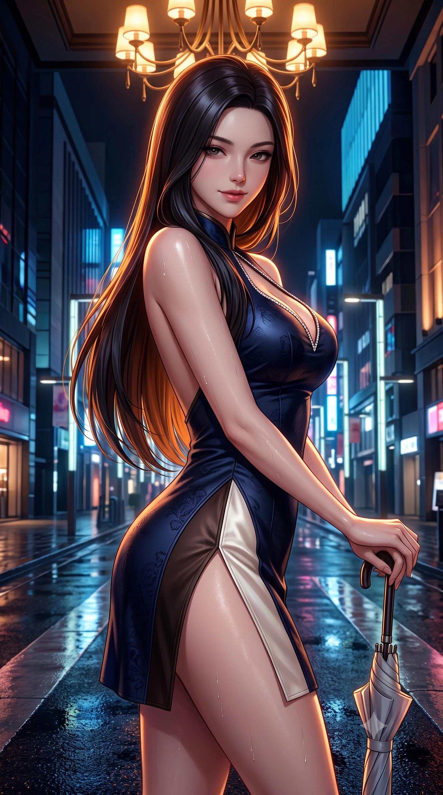 score_9, masterpiece, best quality, ultra-detailed, high-budget anime keyframe, semi-realistic 3D game render, editorial fashion photography, tasteful artistic composition, Korean woman. close-up cowboy shot from the waist and thighs up, the character dominates the composition, filling the frame with her large presence. turning slowly with a smoldering smile, her glossy dark hair catching the amber chandelier rim light as her hips angle gracefully in a captivating contrapposto while resting one hand on the umbrella handle while turning in an alluring contrapposto stance, her smoldering bedroom-eyes holding the lens with magnetic intensity. The surrounding environment is rendered in vivid detail and crisp panoramic clarity. detailed outfit drape, wet reflections on skin, and Ginza architecture lines in razor-sharp resolution. She has an exceptionally elegant, slender, and willowy female figure with an ultra-slim waist, flat toned midriff, narrow ribcage, and sculpted feminine hips creating an alluring, slim hourglass silhouette without bulk. sharp v-shaped jawline, high-bridge nose, intricate jewel-like dark sparkling eyes with dangerous depth, thick curled eyelashes, glossy parted lips with a rich wine sheen, smoldering seductive half-smile with bedroom-eyes, exuding effortless superiority and intoxicating dark allure, flawlessly proportioned anatomical accuracy, strict slender model proportions, natural body alignment, perfectly sculpted long slender limbs, ultra-slim waistline, clean dynamic posture without body distortion. wearing a modern tailored cheongsam mini dress in midnight navy jacquard silk with dramatic side hip slits in dark espresso brown and pearlescent ivory, made of supple butter-soft lambskin leather with a subtle satin sheen, finished with subtle crystal rhinestones lining the plunging neckline, the precision-cut side openings and low-back scoop framing her graceful spine and the sensual sweep of her slim, toned hips. illuminated by wet ground specular reflections accentuating her sculpted collarbones, ultra-slim waist, and curvy hips. highly saturated vibrant anime colors, detailed shading with soft gradients, rich glossy textures, high-contrast stereoscopic depth, volumetric dynamic lighting, master piece, 9:16 ratio