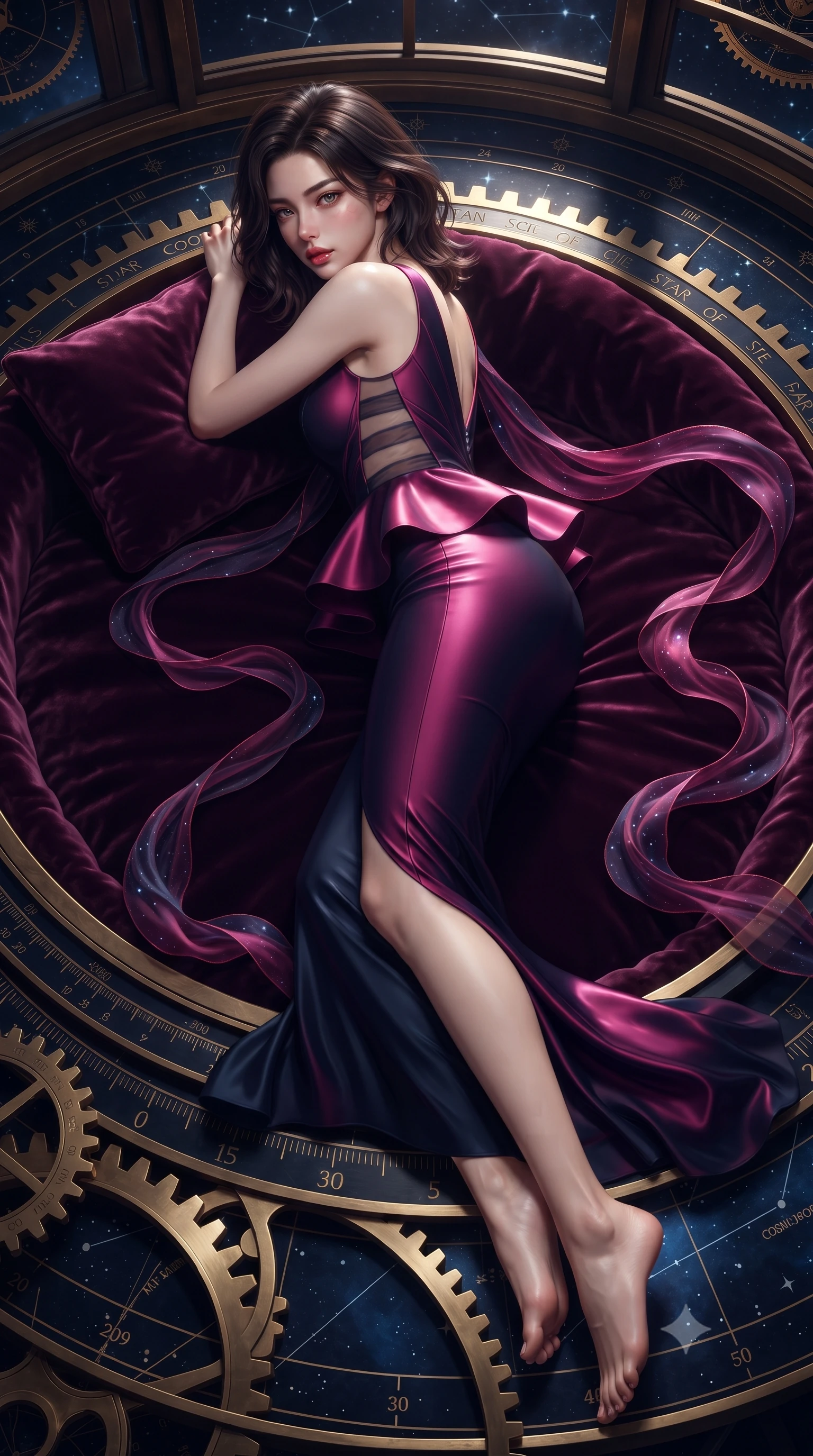 score_9, masterpiece, best quality, ultra-detailed, high-budget anime keyframe, editorial fashion photography, tasteful artistic composition, Korean woman. low angle full-body shot from head to toe showing her feet, filling the entire 9:16 vertical frame with her statuesque presence, stretching her vertical silhouette. leaning deep against the structural architecture with hips cocked in an unapologetically bold, seductive high-fashion stance while reclining on a velvet-lined observation platform propped on one elbow, looking back over her shoulder with an intoxicating bedroom-gaze. The surrounding environment is rendered in vivid detail and crisp panoramic clarity. sharp brass gear teeth, engraved celestial coordinate rings, and star map typography in deep focus. She has an absolutely perfect, statuesque 8.5-heads proportion, an exceptionally tall and slender model-like female figure with impossibly long slender legs, a toned flat midriff, an ultra-slim waist, and beautifully sculpted feminine hips. sharp v-shaped jawline, high-bridge nose, intricate jewel-like eyes with depth, thick eyelashes, glossy parted lips with a natural sheen, intensely captivating and seductive bedroom-eyes expression, flawlessly proportioned anatomical accuracy, strict slender model proportions, natural body alignment, perfectly sculpted long slender limbs, ultra-slim waistline, clean dynamic posture without body distortion. wearing a structural geometric peplum gown with sheer side-ribbon cutouts and form-fitting skirt in cosmic magenta and dark space navy, made of liquid silk jersey adhering flawlessly to her slender build, complemented by floating celestial silk ribbons catching the nebula light, the form-contouring material adhering flawlessly to her sculpted flat midriff and slender torso, emphasizing her long leg lines and perfectly proportioned willowy build. surrounded by a celestial, immortal, and deeply hypnotic cosmos sovereign aura. ultra-reflective glossy finish, specular highlights, rich textural contrasts, high-contrast stereoscopic depth, volumetric dynamic lighting, 2k, ultra detail, master piece, 9:16 ratio