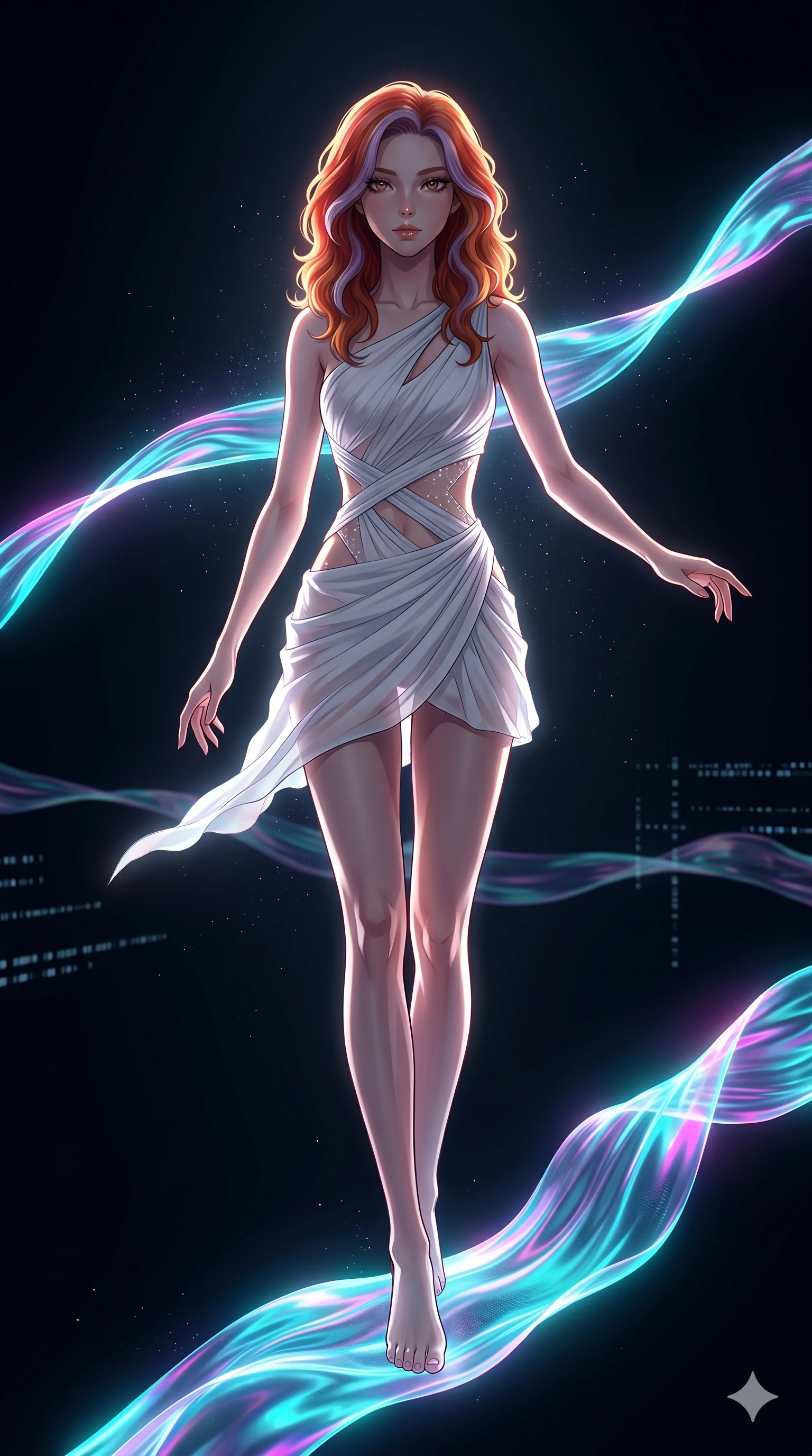 score_9, masterpiece, best quality, ultra-detailed, high-budget anime keyframe, Korean woman. low angle full-body shot filling the entire 9:16 frame with her statuesque presence, stretching the vertical silhouette. stepping on holographic fluid ribbons of sound that ripple with cyan and magenta light in a dark virtual void. She has an absolutely perfect 8-heads proportion, an exceptionally tall and slender female figure with impossibly long slender legs and an ultra-slim waist. V-shaped jawline, high-bridge nose, intricate jewel-like eyes with depth, thick eyelashes, glossy lips with a natural sheen.. wearing an asymmetric chiffon draped couture mini dress, featuring draped white chiffon fabric twisting around her body with elegant diamond cutouts on the waist. illuminated by dramatic chiaroscuro casting soft shadows along her curves, with vibrant backlighting highlighting the dust particles. 2k, ultra detail, master piece, 9:16 ratio