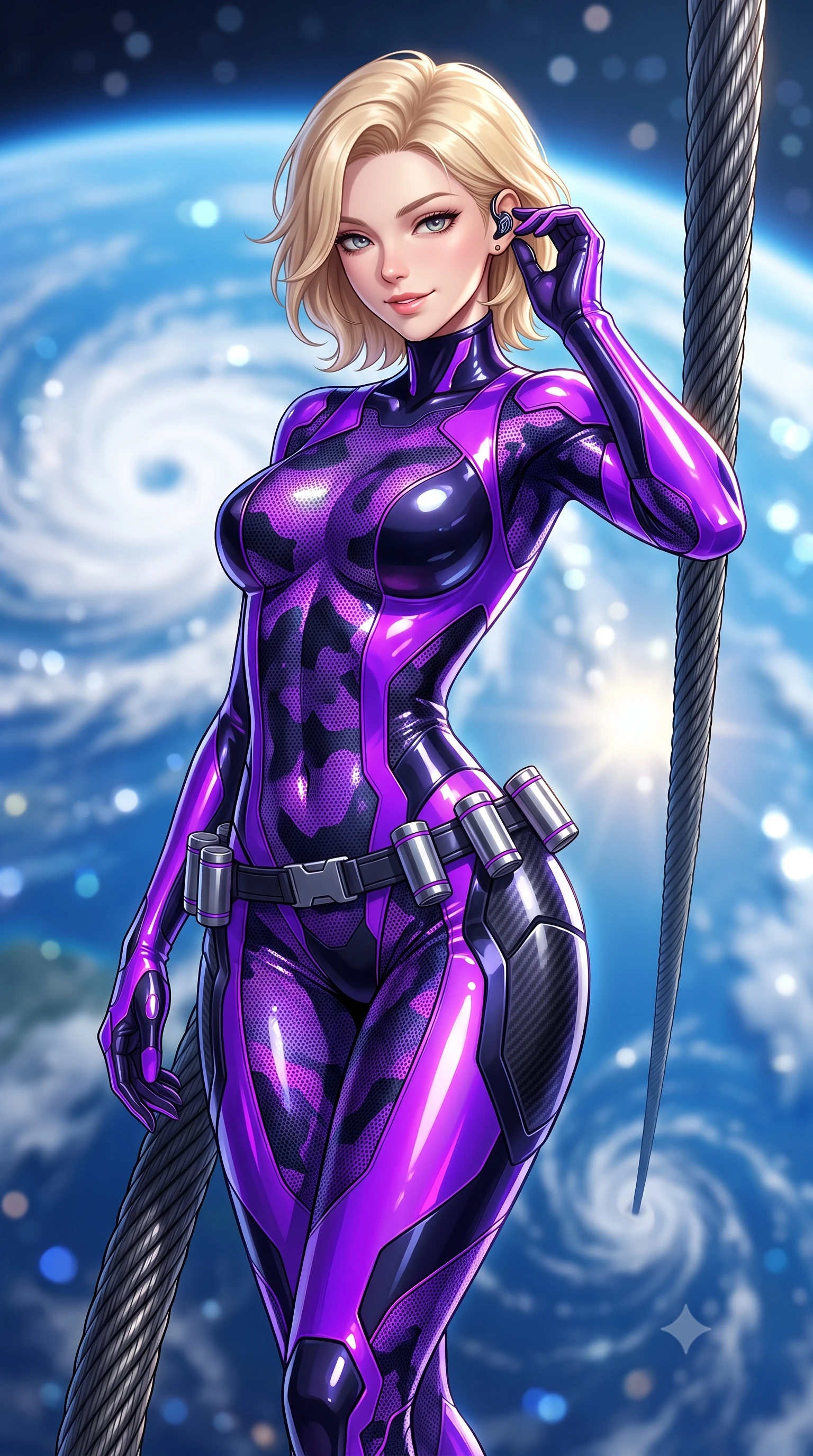 score_9, masterpiece, best quality, ultra-detailed, high-budget anime keyframe, semi-realistic 3D game render, editorial fashion photography, tasteful artistic composition, Caucasian woman. close-up cowboy shot from the waist and thighs up, the character dominates the composition, filling the frame with her large presence. tilting her head with a captivating smile while arching her spine with dancer poise, one hand adjusting her ear comm-link in a flirtatious S-curve while standing beside the immense carbon-tether cable descending into Earth's atmosphere, arching her spine with breathtaking grace. The background shows a soft-focus the colossal blue disk of Earth with white hurricane spirals and shimmering sun glints blurred into ocean sapphire, cloud white, and starlight bokeh. She has an exceptionally elegant, slender, and willowy female figure with an ultra-slim waist, flat toned midriff, narrow ribcage, and sculpted feminine hips creating an alluring, slim hourglass silhouette without bulk. sharp v-shaped jawline, high-bridge nose, intricate jewel-like sparkling eyes with depth, thick eyelashes, glossy parted lips with a natural sheen, bright confident smile with an enchanting and coquettish sensual glint, exuding both youthful magnetic charm and sovereign high-tech allure, flawlessly proportioned anatomical accuracy, strict slender model proportions, natural body alignment, perfectly sculpted long slender limbs, ultra-slim waistline, clean dynamic posture without body distortion. wearing a second-skin cybernetic stealth suit with active-camo optical mesh and sculpted carbon hip guards in neon electric violet and deep space obsidian, tailored from ultra-reflective glossy liquid vinyl with mirror-like specular highlights, accented with a sleek utility belt with polished magnetic canisters resting loosely on her curvy hips, the aerodynamic second-skin silhouette tightly following the natural contour of her hips and long slender legs with youthful 8.5-heads elegance. illuminated by warm cabin ambient fill and crisp platinum rim lighting sculpting her razor-sharp jawline, narrow waist, and curvy hips. highly saturated vibrant anime colors, detailed shading with soft gradients, rich glossy textures, high-contrast stereoscopic depth, volumetric dynamic lighting, master piece, 9:16 ratio