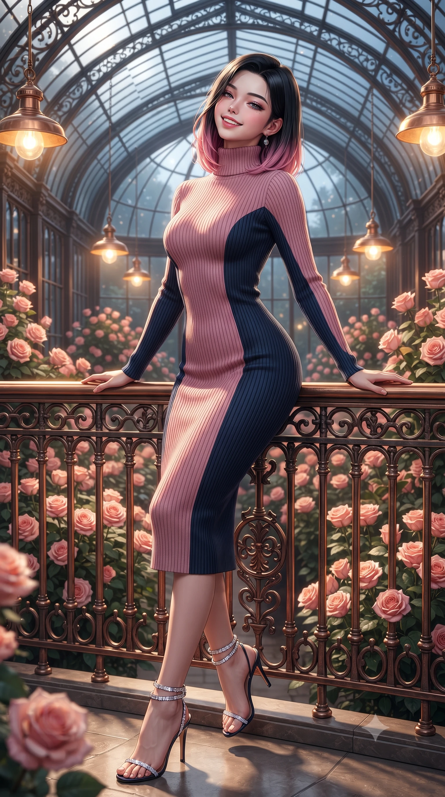 score_9, masterpiece, best quality, ultra-detailed, high-budget anime keyframe, editorial fashion photography, tasteful artistic composition, Korean woman. close-up cowboy shot from the waist and thighs up, the character dominates the composition, filling the frame with her large presence. leaning back against the balustrade with relaxed seductive grace, head tilted back slightly while casting a hypnotic, heavy-lidded gaze while standing poised beneath the vaulted iron-and-glass greenhouse roof surrounded by thousands of fragrant May roses, arching her lower back with magnetic seductive grace. The surrounding environment is rendered in vivid detail and crisp panoramic clarity: sharp hand-hammered copper vessel sheen, cast-iron greenhouse muntin bars, and velvety rose petal textures in deep focus. She has an exceptionally elegant, slender, and willowy female figure with an ultra-slim waist, flat toned midriff, narrow ribcage, and sculpted feminine hips creating an alluring, slim hourglass silhouette without bulk. sharp v-shaped jawline, high-bridge nose, intricate jewel-like sparkling eyes with depth, thick eyelashes, glossy parted lips with a natural peach sheen, bright cheerful beaming smile with an enchanting and coquettish sensual glint, exuding both youthful cute charm and seductive allure, flawlessly proportioned anatomical accuracy, strict slender model proportions, natural body alignment, perfectly sculpted long slender limbs, ultra-slim waistline, clean dynamic posture without body distortion. wearing a form-fitting ribbed knit midi dress with high turtleneck hugging every contour of her hourglass frame in Brittany pink granite rose and deep Atlantic navy, woven from buttery-soft stretch lambskin leather adhering to her body like a second skin, complemented by strappy stiletto sandals with crystal ankle wraps accentuating her slender calves, the form-contouring silhouette accentuating her sculpted flat midriff, narrow delicate ribcage, and gracefully curvy hips with intoxicating allure. bathed in the warm golden 2500K glow of antique brass factory lamps mixed with silver moonlight through glass. ultra-reflective glossy finish, specular highlights, rich textural contrasts, high-contrast stereoscopic depth, volumetric dynamic lighting, 2k, ultra detail, master piece, 9:16 ratio