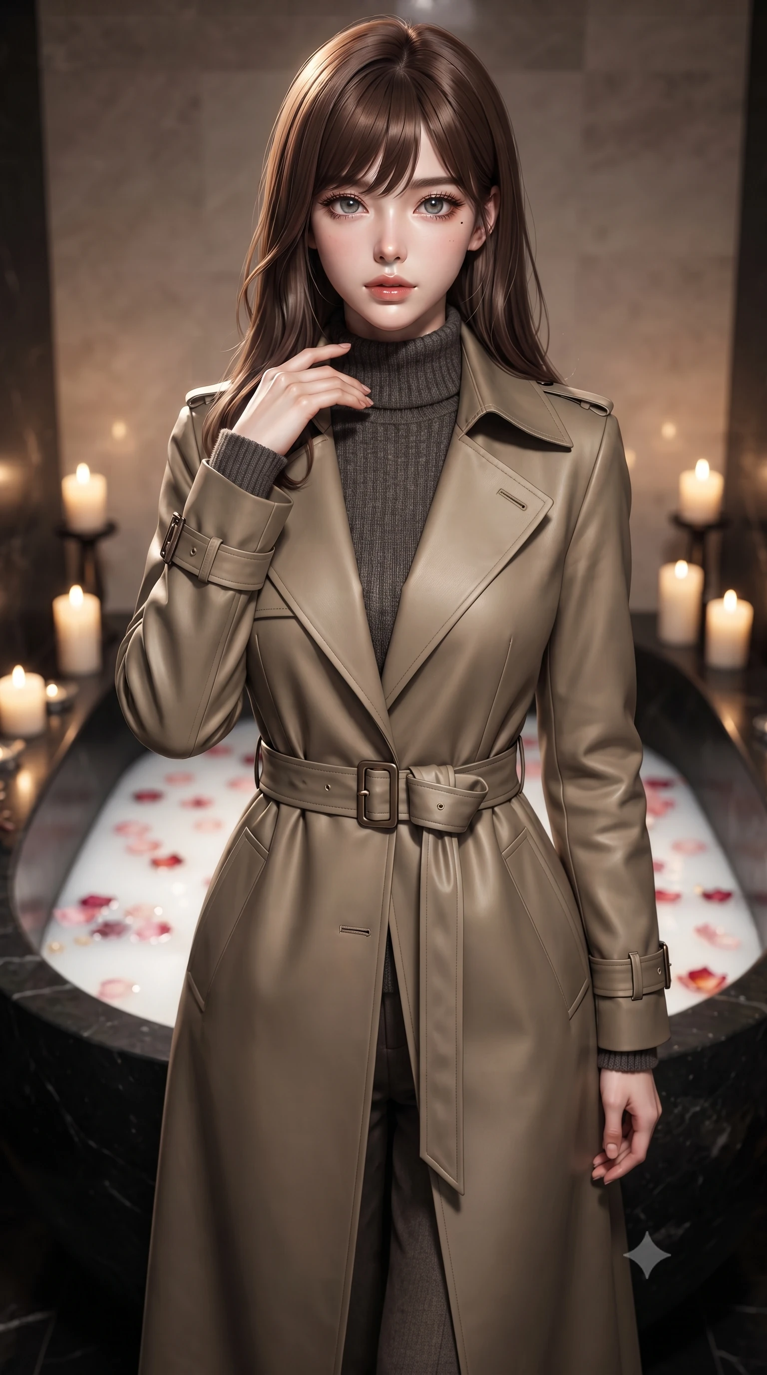 score_9, masterpiece, best quality, ultra-detailed, high-budget anime keyframe, editorial fashion photography, tasteful artistic composition, Korean woman woman. close-up cowboy shot from the waist and thighs up, the character dominates the composition, filling the frame with her large presence, background elements kept in soft focus. standing with one hand resting on her collarbone, looking at the viewer with bedroom-eyes the background shows a soft-focus a private bathroom with a large black stone bathtub filled with milk and rose petals. She has an exceptionally elegant, slender, and willowy female figure with an ultra-slim waist, a gracefully sculpted slender torso, and a refined silhouette. sharp v-shaped jawline, high-bridge nose, intricate jewel-like eyes with depth, thick eyelashes, glossy lips with a natural sheen. wearing a slim-fit tailored trench coat in khaki cotton, worn closed over a high-neck dark grey knit sweater and trousers. soft candle stands casting a warm golden glow onto the water surface. ultra-reflective glossy finish, specular highlights, metallic sheen, high-contrast stereoscopic depth, volumetric dynamic lighting, 2k, ultra detail, master piece, 9:16 ratio