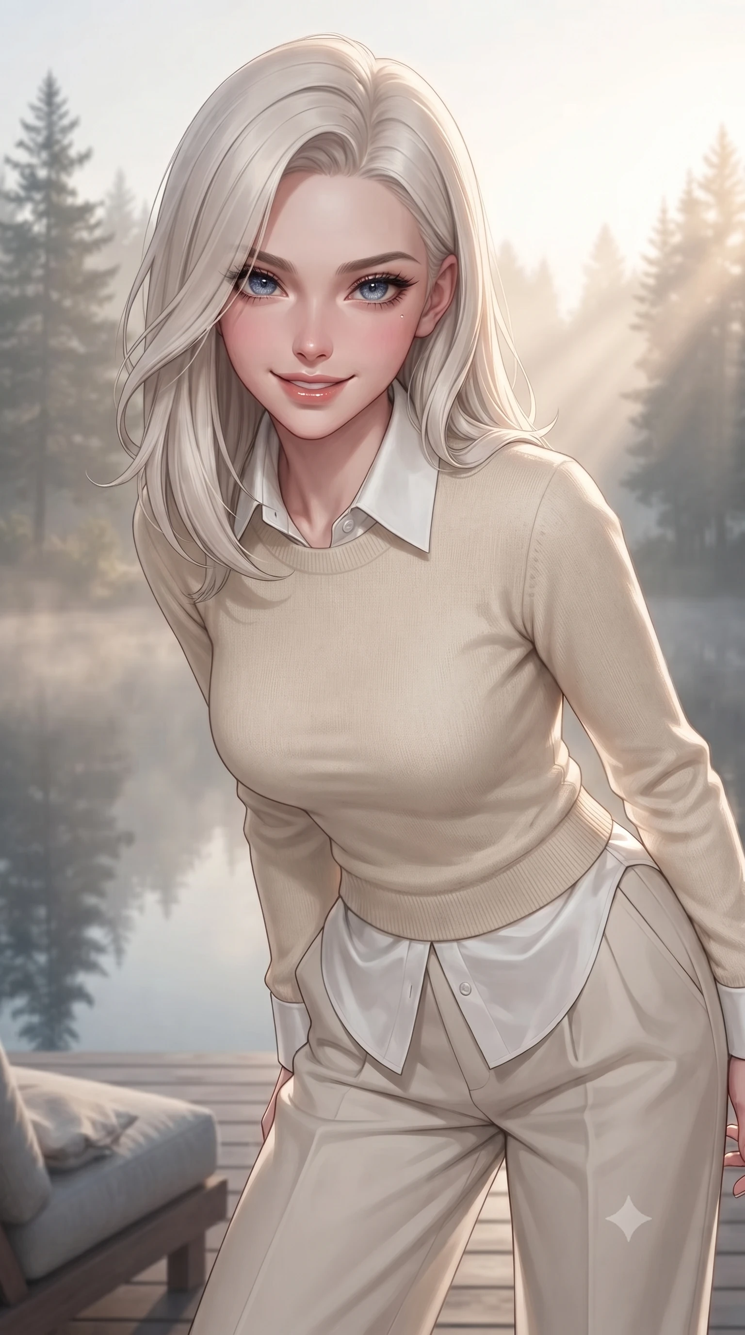 score_9, masterpiece, best quality, ultra-detailed, high-budget anime keyframe, editorial fashion photography, tasteful artistic composition, Caucasian woman. close-up cowboy shot from the waist and thighs up, the character dominates the composition, filling the frame with her large presence, background elements kept in soft focus. leaning slightly forward with a playful, teasing smile, her gaze locked onto the viewer the background shows a soft-focus a glamping veranda overlooking a misty lake at dawn with pine trees in soft focus. She has an exceptionally elegant, slender, and willowy female figure with an ultra-slim waist, a gracefully sculpted slender torso, and a refined silhouette. sharp v-shaped jawline, high-bridge nose, intricate jewel-like eyes with depth, thick eyelashes, glossy lips with a natural sheen. wearing a slim-fit comfortable cream cashmere knit sweater worn over a white silk button-down shirt and relaxed slacks. soft morning mist diffusing the warm sunbeams, creating a tranquil atmosphere. ultra-reflective glossy finish, specular highlights, metallic sheen, high-contrast stereoscopic depth, volumetric dynamic lighting, 2k, ultra detail, master piece, 9:16 ratio