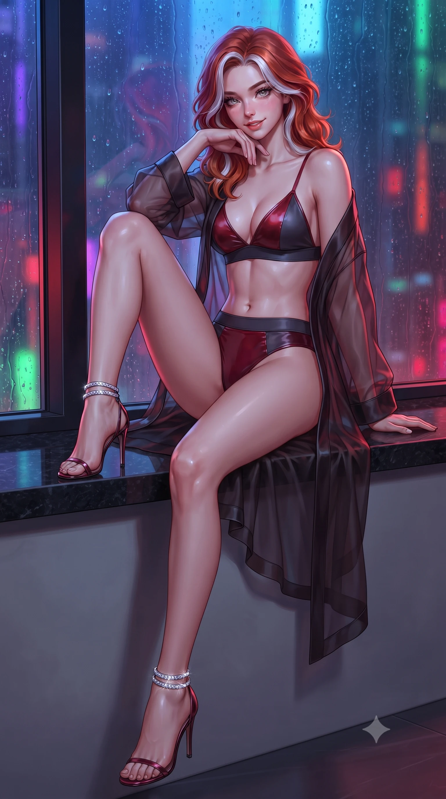 score_9, masterpiece, best quality, ultra-detailed, high-budget anime keyframe, editorial fashion photography, tasteful artistic composition, Caucasian woman. low angle full-body shot from head to toe showing her feet, filling the entire 9:16 vertical frame with her statuesque presence, stretching her vertical silhouette. lounging on the lavish daybed with legs crossed and hips angled toward the camera, displaying her toned midriff and long slender limbs with effortless siren poise while sitting perched on the wide black granite sill with one knee drawn up, resting her chin on her hand with sovereign dangerous allure. The background shows a soft-focus minimalist penthouse framing softened in high-tech neo-noir shallow focus. She has an absolutely perfect, statuesque 8.5-heads proportion, an exceptionally tall and slender model-like female figure with impossibly long slender legs, an ultra-slim waist, a flat toned midriff, narrow delicate ribcage, and beautifully sculpted feminine hips creating a graceful, slim hourglass silhouette without any bulky heaviness. sharp v-shaped jawline, high-bridge nose, sparkling eyes with hypnotic seductive depth, thick curled eyelashes, glossy parted lips with a natural dewy peach sheen, alluring bedroom-eyes with an enchanting coquettish smile, exuding magnetic siren charisma and sophisticated glamour, flawlessly proportioned anatomical accuracy, strict slender model proportions, natural body alignment, perfectly sculpted long slender limbs, ultra-slim waistline, clean dynamic posture without body distortion. wearing a sheer organza kimono robe worn loose and slipping off bare shoulders over a matching satin bralette and high-waisted briefs in rich cherry lacquer and smoky charcoal, tailored from fine structural neoprene with crisp architectural edges and smooth contouring, complemented by strappy stiletto sandals with crystal ankle wraps accentuating her slender calves, the second-skin tailored fabric adhering flawlessly to her sculpted flat midriff and slender torso, emphasizing her long leg lines and perfectly proportioned willowy build. bathed in dynamic shifting multi-color neon light transmitted through rain-streaked exterior glass. ultra-reflective glossy finish, specular highlights, rich textural contrasts, high-contrast stereoscopic depth, volumetric dynamic lighting, 2k, ultra detail, master piece, 9:16 ratio