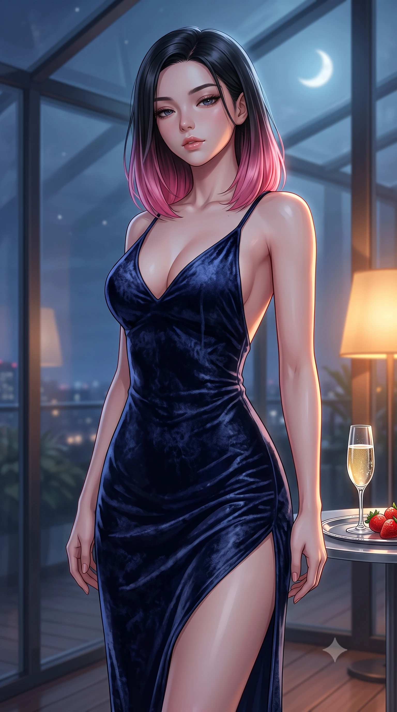score_9, masterpiece, best quality, ultra-detailed, high-budget anime keyframe, editorial fashion photography, tasteful artistic composition, Korean woman. close-up cowboy shot from the waist and thighs up, the character dominates the composition, filling the frame with her large presence, background elements kept in soft focus. looking down at the viewer beneath lowered lashes with a quiet, smoldering confidence and parted lips set against a soft-focus background of inside an exclusive solarium deck with a crystal glass of sparkling champagne and fresh strawberries on a silver tray. She has an exceptionally elegant, slender, and willowy female figure with an ultra-slim waist, a gracefully sculpted slender torso, and a refined silhouette. sharp v-shaped jawline, high-bridge nose, intricate jewel-like eyes with depth, thick eyelashes, glossy lips with a natural sheen. wearing form-contouring midnight navy crushed velvet open-back silk slip dress featuring a deep V-neckline and a leg-lengthening side slit featuring refined tailored seams. illuminated by soft silver moonlight contrasting with the warm amber glow of a nearby lamp. highly saturated vibrant anime colors, detailed shading with soft gradients, rich glossy textures, high-contrast stereoscopic depth, volumetric dynamic lighting, master piece, 9:16 ratio