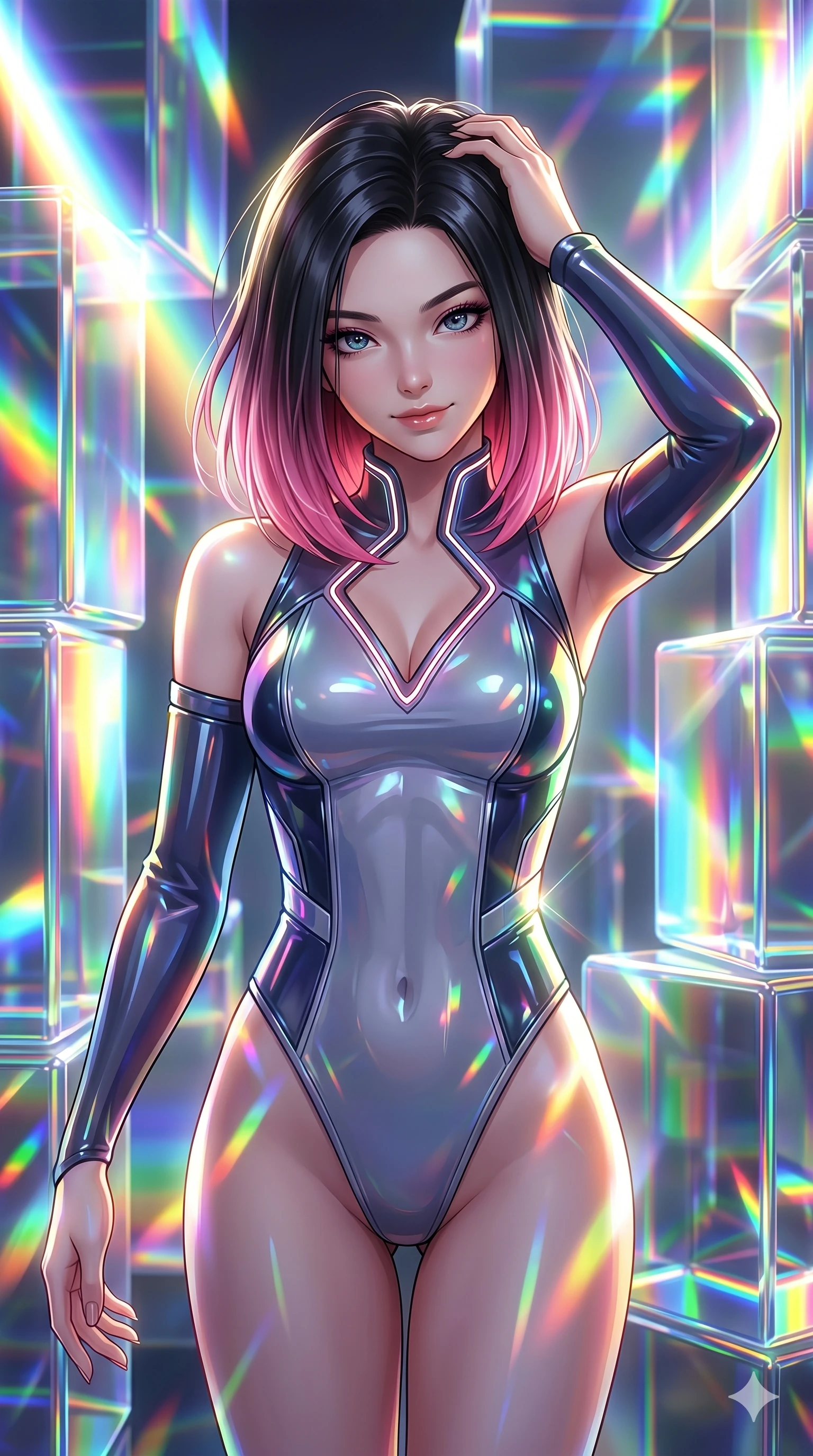 score_9, masterpiece, best quality, ultra-detailed, high-budget anime keyframe, semi-realistic 3D game render, Korean woman. Upper body close-up from the thighs up, character filling the screen for maximum presence. She is moving with dynamic energy, reflecting in a maze of giant prismatic glass blocks that shower bright spectrums of light. She runs a hand through her hair with a playful, teasing expression. She has an absolutely perfect 8-heads proportion, a tall and elegant figure with a refined silhouette and a defined waistline. V-shaped jawline, high-bridge nose, intricate jewel-like eyes with depth, thick eyelashes, glossy lips with a natural sheen. She is wearing a structured cybernetic bodice in glossy vinyl panels, paired with detached sleeves and a refined V-neckline detailed with glowing piping. The scene is drenched in blindingly bright rainbow prismatic spotlights with sharp specular highlights. 2k, ultra detail, master piece, 9:16 ratio