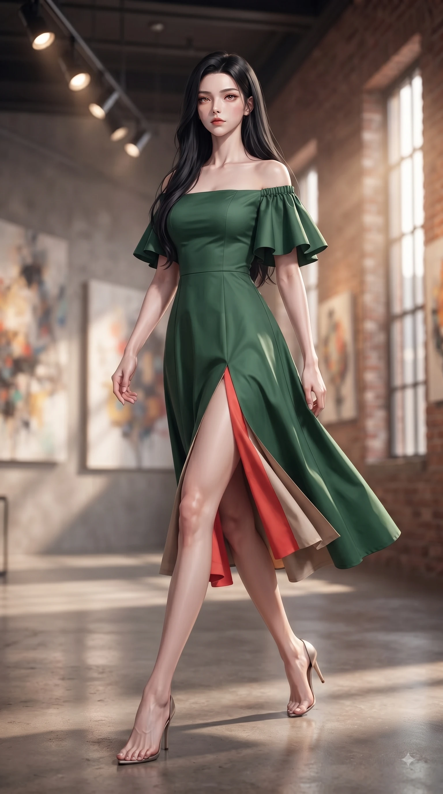 score_9, masterpiece, best quality, ultra-detailed, high-budget anime keyframe, editorial fashion photography, tasteful artistic composition, Korean woman. low angle full-body shot from head to toe showing her feet, filling the entire 9:16 vertical frame with her statuesque presence, stretching her vertical silhouette. Statuesque haughty posture with a cool, sharp glance and composed high-fashion elegance while stepping along a polished concrete gallery hall under sleek overhead gallery spotlights. The composition keeps background elements in soft focus with dreamy bokeh. abstract artwork canvases and warm brick gallery walls blurred into cozy industrial bokeh. She has an absolutely perfect, statuesque 8.5-heads proportion, an exceptionally tall and slender model-like female figure with impossibly long slender legs and an ultra-slim waist. sharp v-shaped jawline, high-bridge nose, intricate jewel-like eyes with depth, thick eyelashes, glossy lips with a natural sheen, flawlessly proportioned anatomical accuracy, natural body alignment, perfectly sculpted elegant limbs, clean dynamic posture without body distortion. wearing a vibrant forest green off-shoulder midi dress with a tasteful front slit in vibrant coral red and soft beige, tailored from crisp high-density cotton poplin, featuring elegant flutter sleeves and a graceful square neckline, the fluid drape swaying gracefully with her dynamic editorial movement. bathed in warm volumetric sunbeams filtering through tall industrial windows. ultra-reflective glossy finish, specular highlights, metallic sheen, high-contrast stereoscopic depth, volumetric dynamic lighting, 2k, ultra detail, master piece, 9:16 ratio