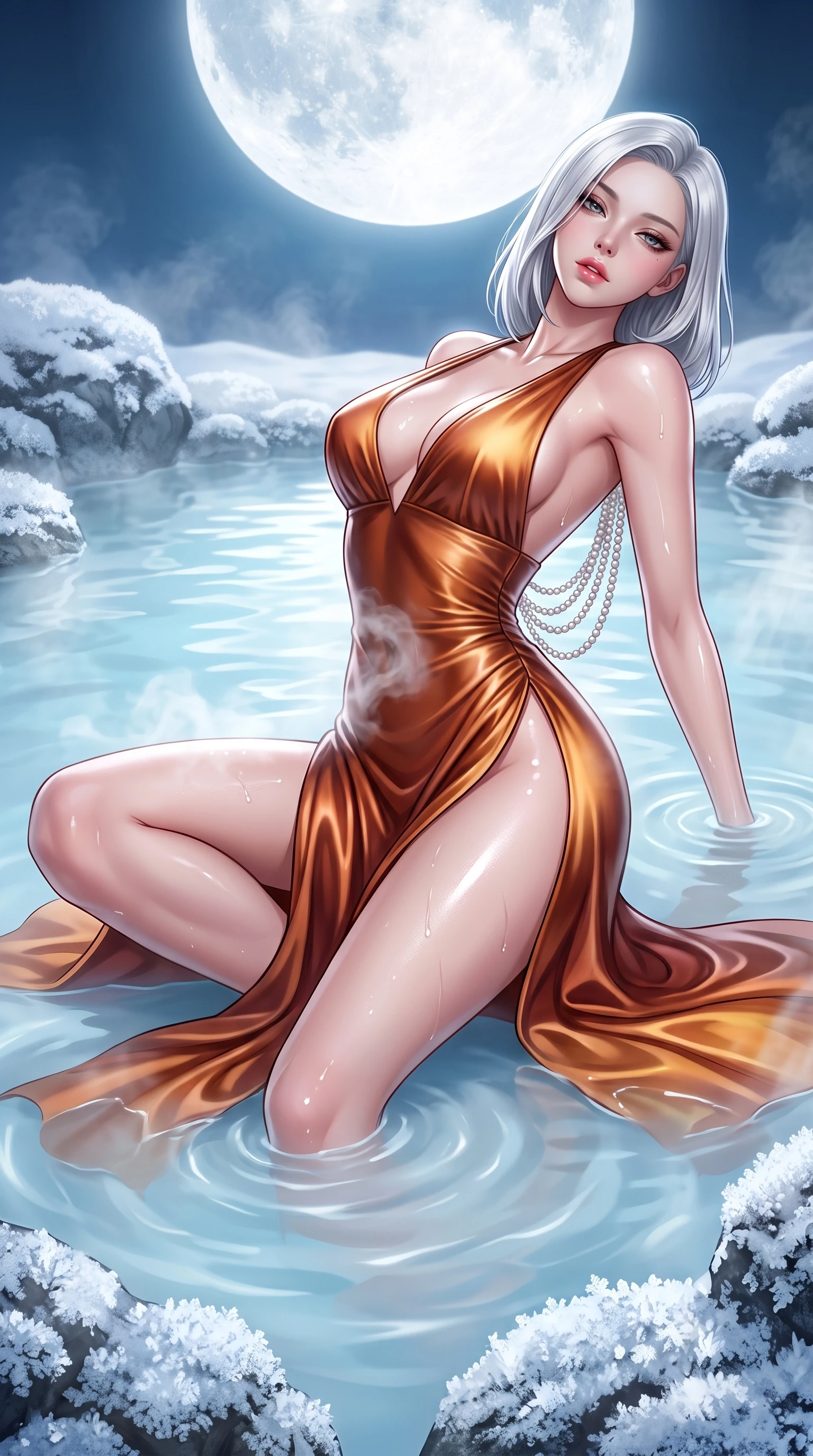 score_9, masterpiece, best quality, ultra-detailed, high-budget anime keyframe, semi-realistic 3D game render, editorial fashion photography, tasteful artistic composition, Korean woman. low angle full-body shot from head to toe showing her feet, filling the entire 9:16 vertical frame with her statuesque presence, stretching her vertical silhouette. reclining on her side in an elegant Cleopatra pose with one knee drawn up, the dramatic contour of her rounded hips and long slender legs commanding the 9:16 vertical frame while wading through the milky-blue thermal mineral water beneath the full moon, arching her spine in pure pleasure as steam curls around her waist. The surrounding environment is rendered in vivid detail and crisp panoramic clarity. detailed silica mineral water ripples, wet fabric sheen, and frosty snow crystals in high resolution. She has an exceptionally tall and slender model-like 8.5-heads proportion, an ultra-slim waist, a flat toned midriff, narrow delicate ribcage, and beautifully sculpted feminine hips creating a graceful, slim hourglass silhouette without any bulky heaviness, with impossibly long slender legs. sharp v-shaped jawline, high-bridge nose, intricate jewel-like eyes with depth, thick eyelashes, glossy parted lips with a natural sheen, intensely captivating and seductive bedroom-eyes expression, flawlessly proportioned anatomical accuracy, strict slender model proportions, natural body alignment, perfectly sculpted long slender limbs, ultra-slim waistline, clean dynamic posture without body distortion. wearing a plunging-V neckline duchess satin gown with high side slits ascending to the high hip in rich copper bronze and warm amber, tailored from ultra-smooth duchess satin with a pearlescent sheen, accented with a multi-strand pearl back necklace cascading down her bare spine to her hips, the form-contouring material adhering flawlessly to her sculpted flat midriff and slender torso, emphasizing her long leg lines and perfectly proportioned willowy build. illuminated by wet specular highlights accentuating her slender neckline, sculpted waist, and rounded hips. highly saturated vibrant anime colors, detailed shading with soft gradients, rich glossy textures, high-contrast stereoscopic depth, volumetric dynamic lighting, master piece, 9:16 ratio