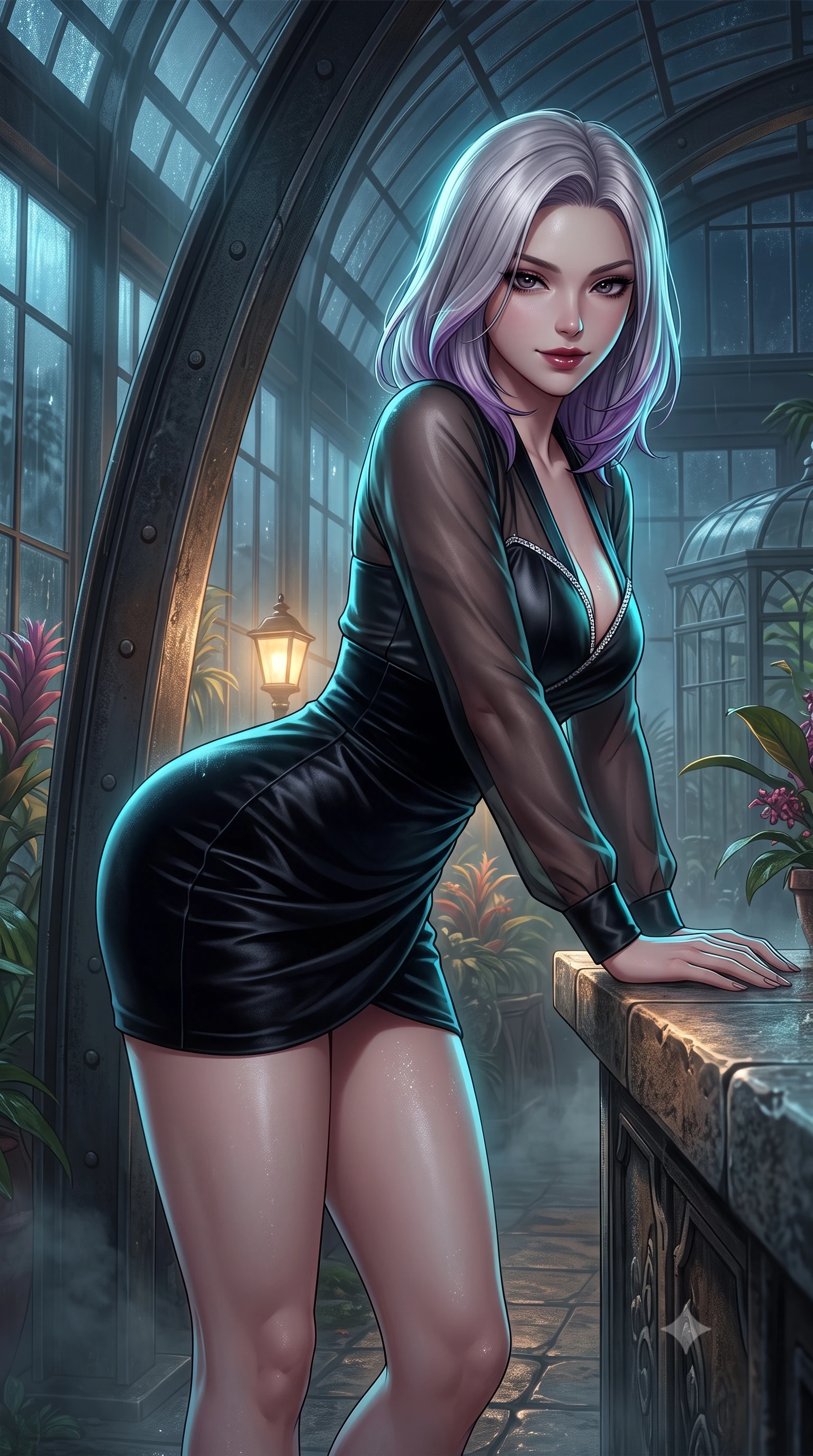 score_9, masterpiece, best quality, ultra-detailed, high-budget anime keyframe, semi-realistic 3D game render, editorial fashion photography, tasteful artistic composition, Caucasian woman. close-up cowboy shot from the waist and thighs up, the character dominates the composition, filling the frame with her large presence. leaning forward over the counter while arching her lower back to accentuate her curvy hips, looking into the lens with a dangerous smoldering half-smile and bedroom-eyes while leaning against a soaring cast-iron structural rib with hips cocked back, casting a smoldering bedroom-gaze through tropical night mist. The surrounding environment is rendered in vivid detail and crisp panoramic clarity. detailed outfit drape, moisture sheen on skin, and Victorian glasshouse architecture in high clarity. She has an exceptionally elegant, slender, and willowy female figure with an ultra-slim waist, flat toned midriff, narrow ribcage, and sculpted feminine hips creating an alluring, slim hourglass silhouette without bulk. sharp v-shaped jawline, high-bridge nose, intricate jewel-like dark sparkling eyes with dangerous depth, thick curled eyelashes, glossy parted lips with a rich wine sheen, smoldering seductive half-smile with bedroom-eyes, exuding effortless superiority and intoxicating dark allure, flawlessly proportioned anatomical accuracy, strict slender model proportions, natural body alignment, perfectly sculpted long slender limbs, ultra-slim waistline, clean dynamic posture without body distortion. wearing a modern fusion dark hanbok mini dress with a sheer silk organza jeogori and high-waisted velvet wrap skirt in pure obsidian monochrome with subtle metallic sheen, made of supple butter-soft lambskin leather with a subtle satin sheen, finished with subtle crystal rhinestones lining the plunging neckline, the liquid-tight tailored fabric clinging flawlessly to her narrow waist and rounded feminine hips, emphasizing every millimeter of her sculpted slim hourglass curves without any bulky heaviness. illuminated by soft warm pathway lantern fill and sharp cyan rim light defining her sculpted clavicle, narrow waist, and curvy hips. highly saturated vibrant anime colors, detailed shading with soft gradients, rich glossy textures, high-contrast stereoscopic depth, volumetric dynamic lighting, master piece, 9:16 ratio