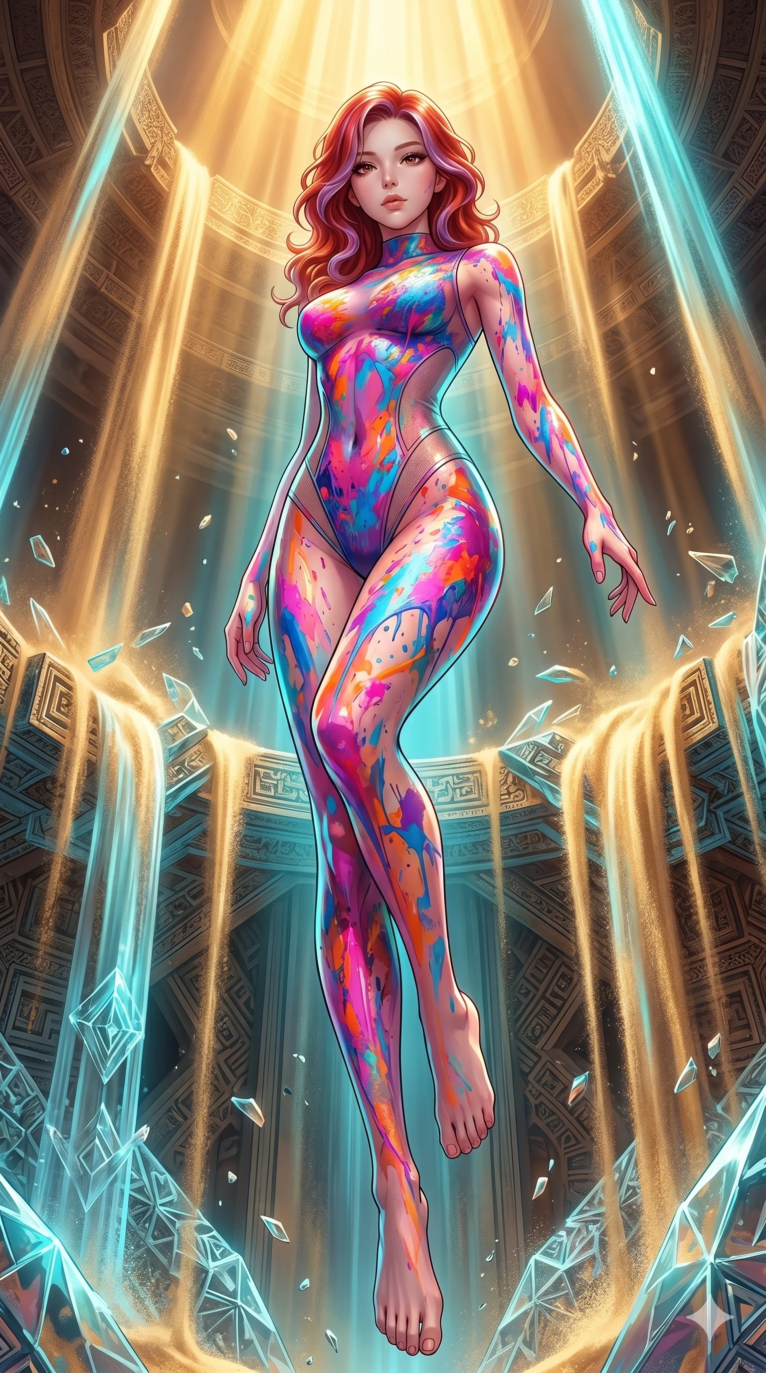 score_9, masterpiece, best quality, ultra-detailed, high-budget anime keyframe, Japanese woman. low angle full-body shot filling the entire 9:16 frame with her statuesque presence, stretching the vertical silhouette. descending through a fractal quicksand temple where golden sand waterfalls transform into glass crystals, revealing intricate repeating patterns. She has an absolutely perfect 8-heads proportion, an exceptionally tall and slender female figure with impossibly long slender legs and an ultra-slim waist. V-shaped jawline, high-bridge nose, intricate jewel-like eyes with depth, thick eyelashes, glossy lips with a natural sheen.. wearing a liquid acrylic splash bodysuit, featuring a skin-tight bodysuit that looks like vivid fluorescent acrylic paint splattered and dried, with sheer mesh side panels. showcasing a beautiful play of light and shadow, with warm golden rays clashing against cool cyan highlights. 2k, ultra detail, master piece, 9:16 ratio