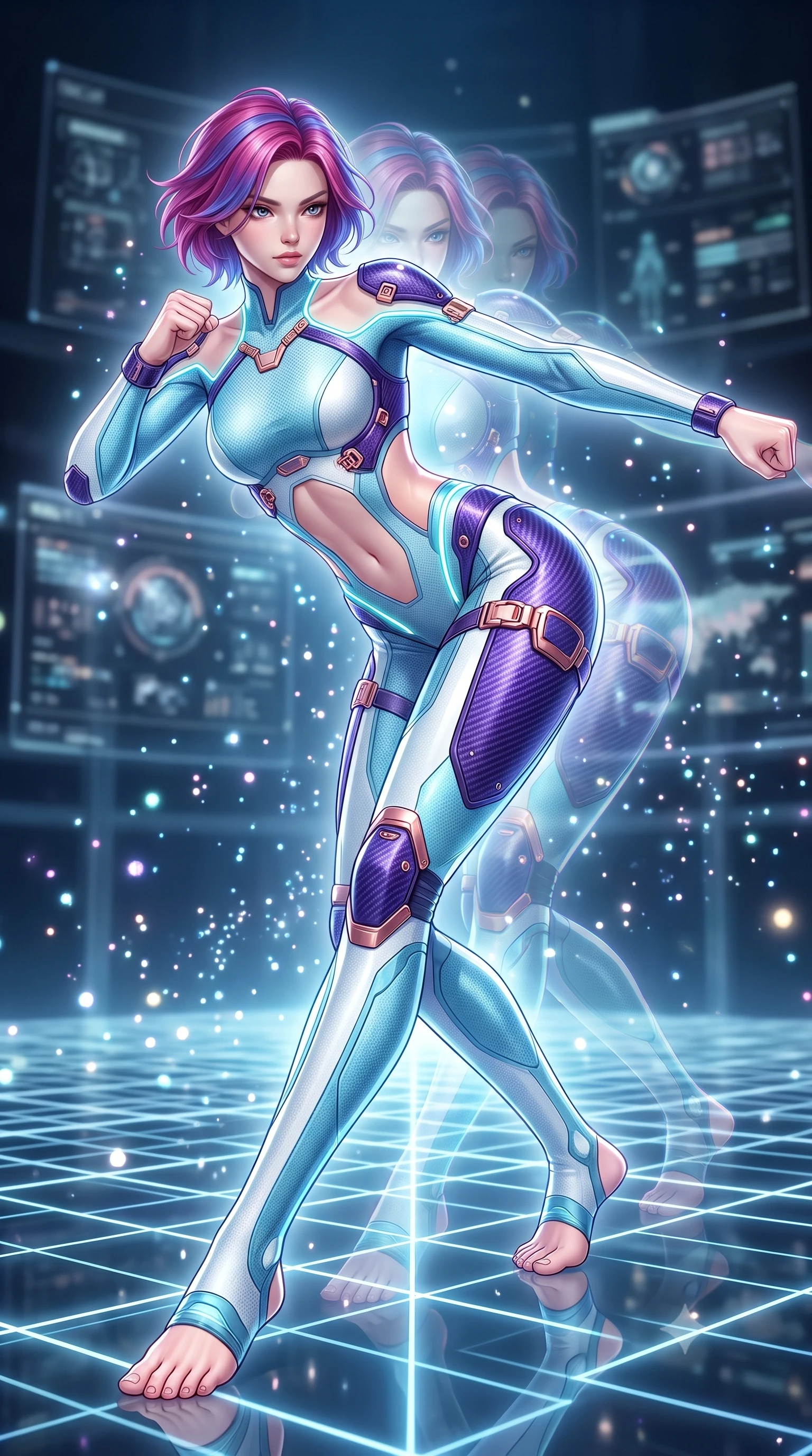 score_9, masterpiece, best quality, ultra-detailed, high-budget anime keyframe, semi-realistic 3D game render, editorial fashion photography, tasteful artistic composition, Caucasian woman. low angle full-body shot from head to toe showing her feet, filling the entire 9:16 vertical frame with her statuesque presence, stretching her vertical silhouette. pivoting dynamically in a high-speed low sweep kick along the reflective floor, her athletic torso and ultra-slim waist twisting in a fluid arc of power while shifting at supersonic speed across a glowing quantum grid floor, leaving translucent holographic after-images in her wake. The composition keeps background elements in soft focus with creamy bokeh. sparkling holographic data particles scattering soft glowing light motes across a deep tech backdrop. She has an absolutely perfect, statuesque 8.5-heads proportion, an exceptionally tall and slender model-like female figure with impossibly long slender legs, a toned flat midriff, and an ultra-slim waist. sharp v-shaped jawline, high-bridge nose, intricate jewel-like eyes with depth, thick eyelashes, glossy lips with a natural sheen, flawlessly proportioned anatomical accuracy, strict slender model proportions, natural body alignment, perfectly sculpted long slender limbs, ultra-slim waistline, clean dynamic posture without body distortion. wearing an ultra-sleek glacial-cyan and white carbon-mesh combat bodysuit with frost-resistant kinetic shock-absorber plating in royal purple carbon fiber with rose-gold hardware and clasps, made of lightweight aerodynamic carbon-titanium alloy with polished edge bevels, accented with glowing fiber-optic conduits tracing her collarbones and hip curves, the precision-cut daring openings accentuating her delicate midriff, graceful bare collarbones, and ultra-slim feminine waistline. surrounded by an omniscient, divine, and radiantly transcendent martial muse aura. rich saturated anime colors with glowing neon highlights, detailed shading with soft gradients, rich glossy textures, high-contrast stereoscopic depth, volumetric dynamic lighting, master piece, 9:16 ratio