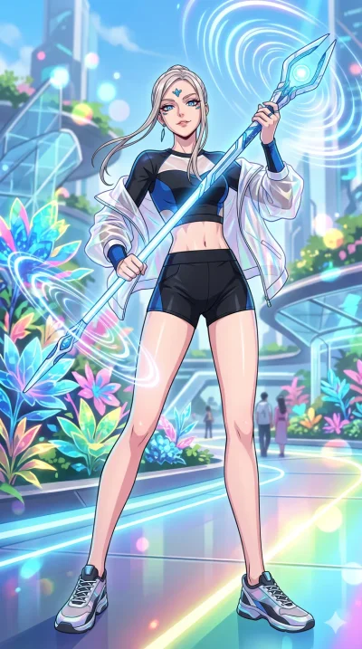score_9, masterpiece, best quality, ultra-detailed, High-budget Anime Keyframe, beautiful Caucasian anime girl (strictly human ears). Low angle cowboy shot filling the entire 9:16 frame with her statuesque presence. Summoning a staff that creates rip